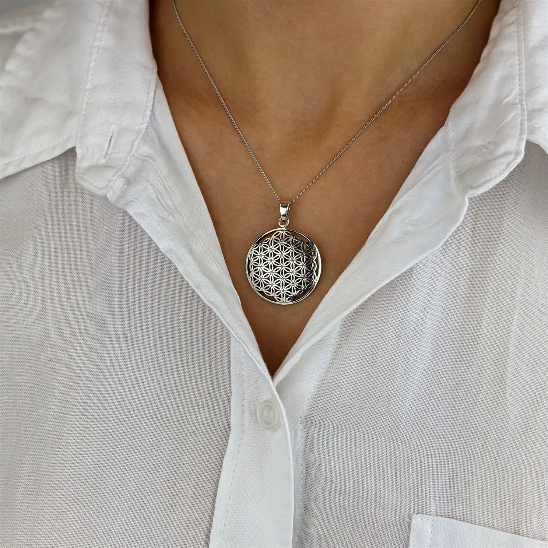Sterling Silver Flower of Life Mandala Necklace - Round Filigree Pendant