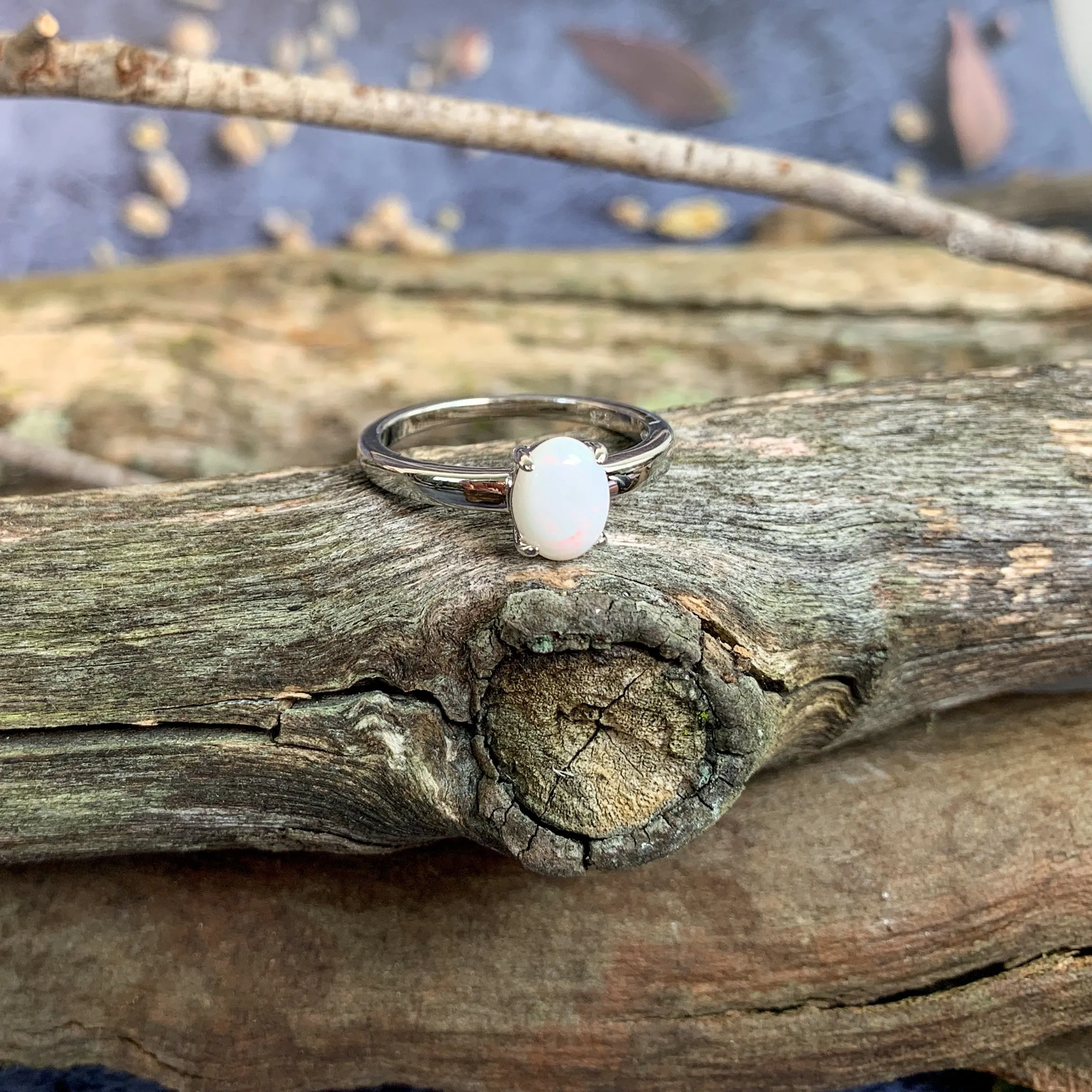 Sterling Silver solitaire 8x6mm White Opal ring