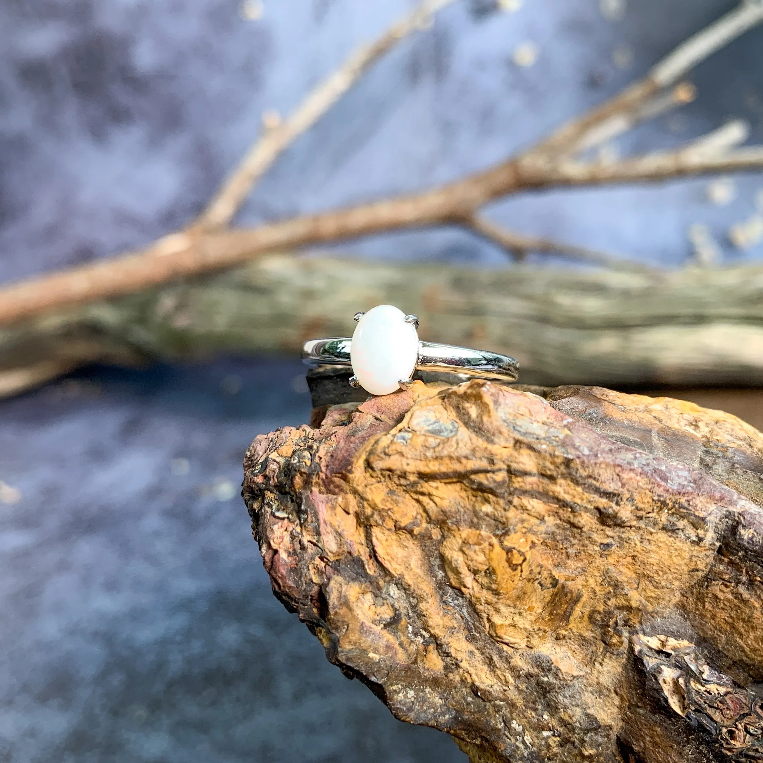 Sterling Silver solitaire 8x6mm White Opal ring