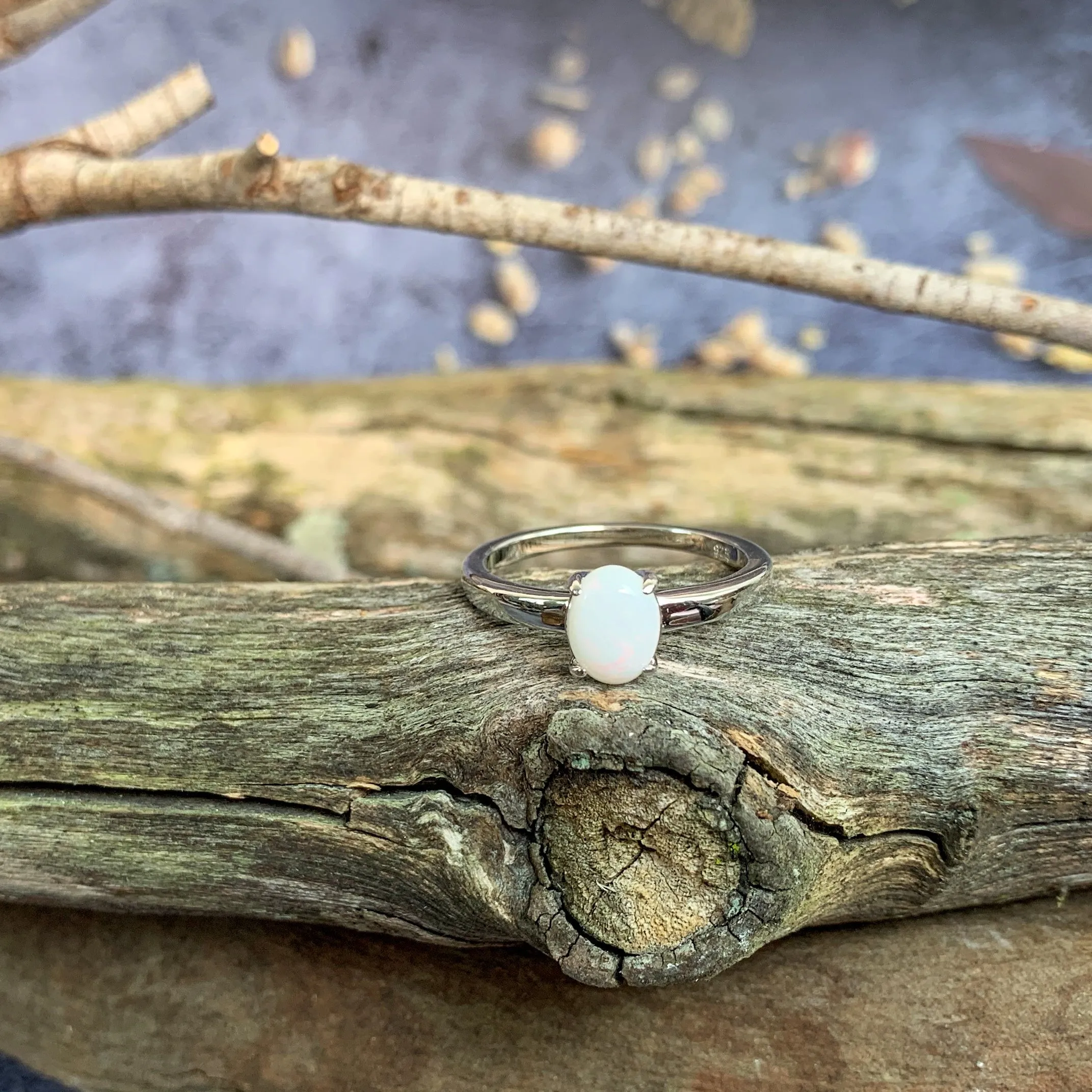 Sterling Silver solitaire 8x6mm White Opal ring