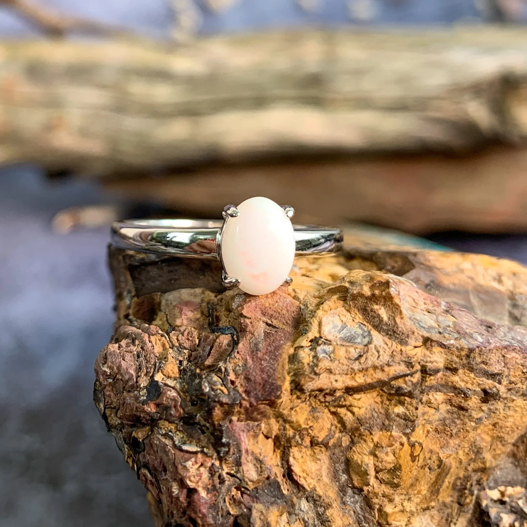 Sterling Silver solitaire 8x6mm White Opal ring