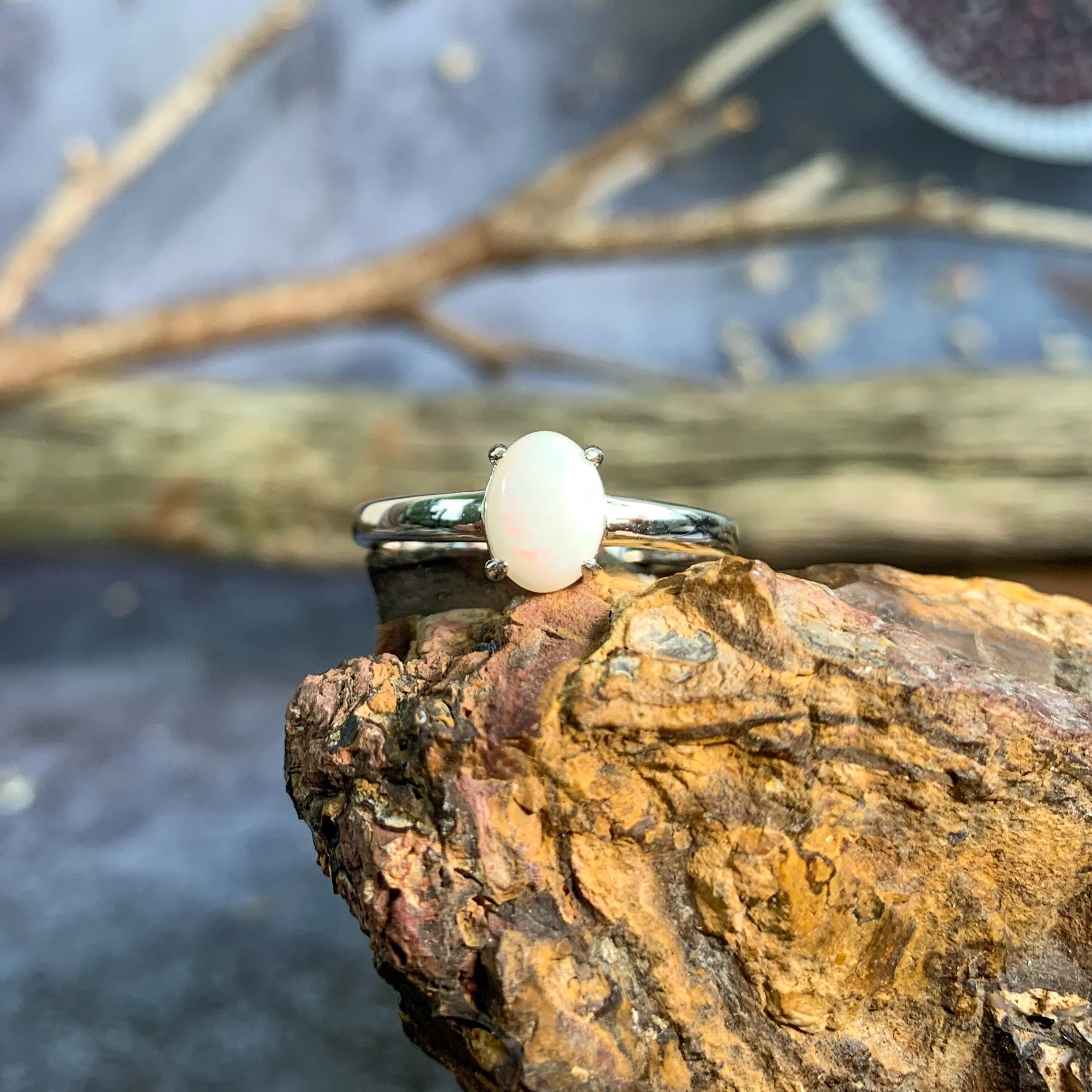Sterling Silver solitaire 8x6mm White Opal ring