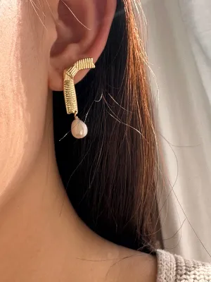Stylish 14K gold plated asymmetrical earrings with pearl pendants