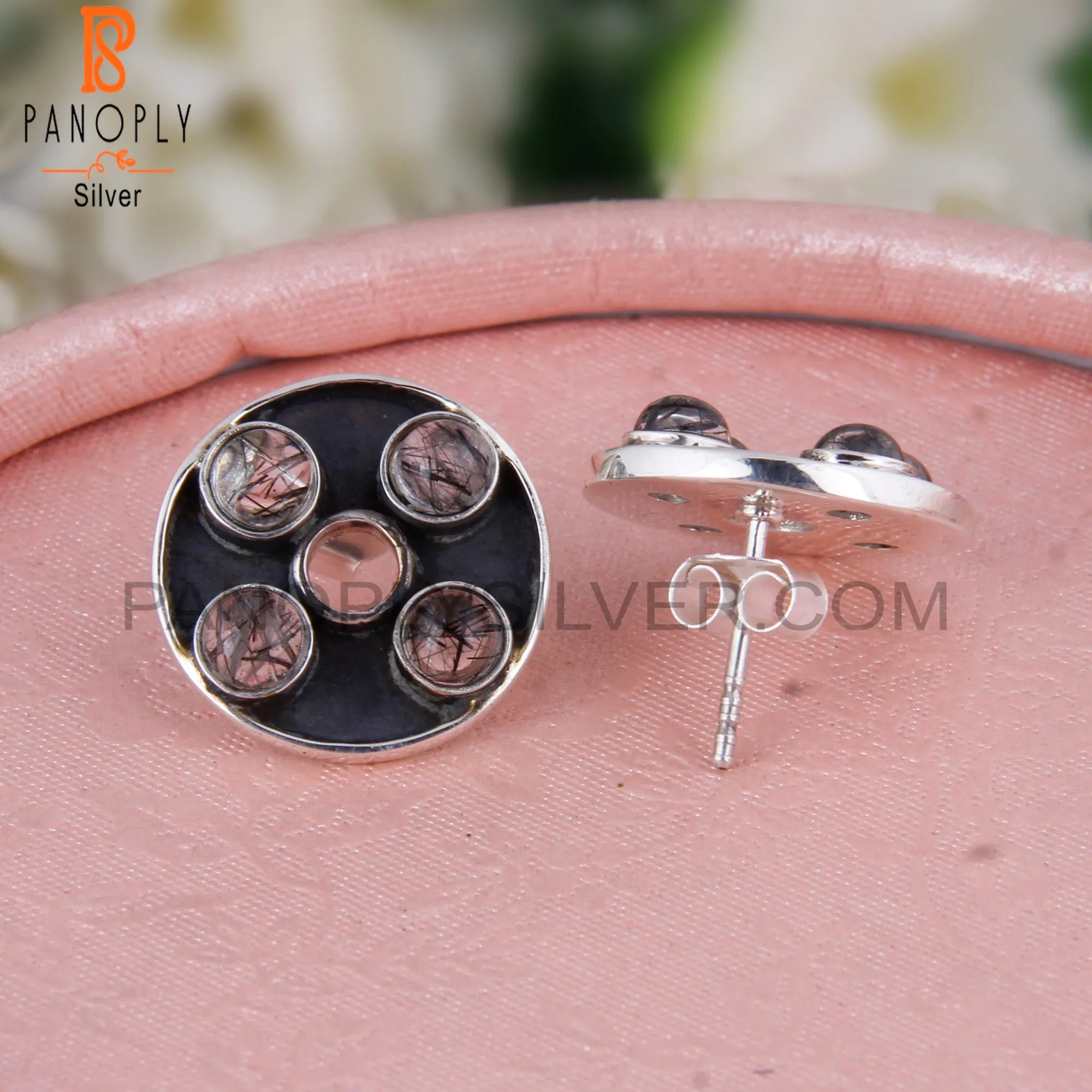 Stylish Designer Black Rutile Round Sterling Silver Earrings