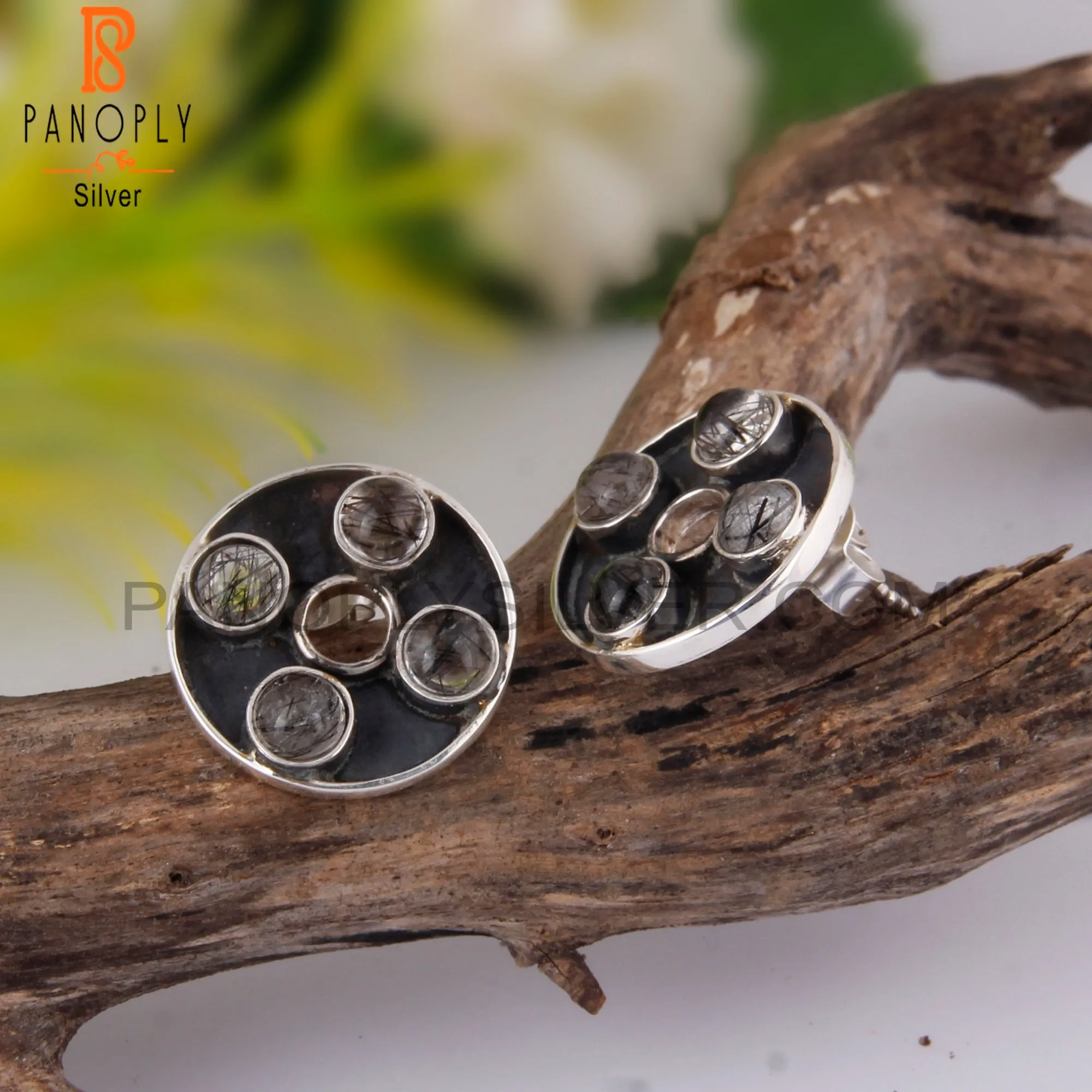 Stylish Designer Black Rutile Round Sterling Silver Earrings