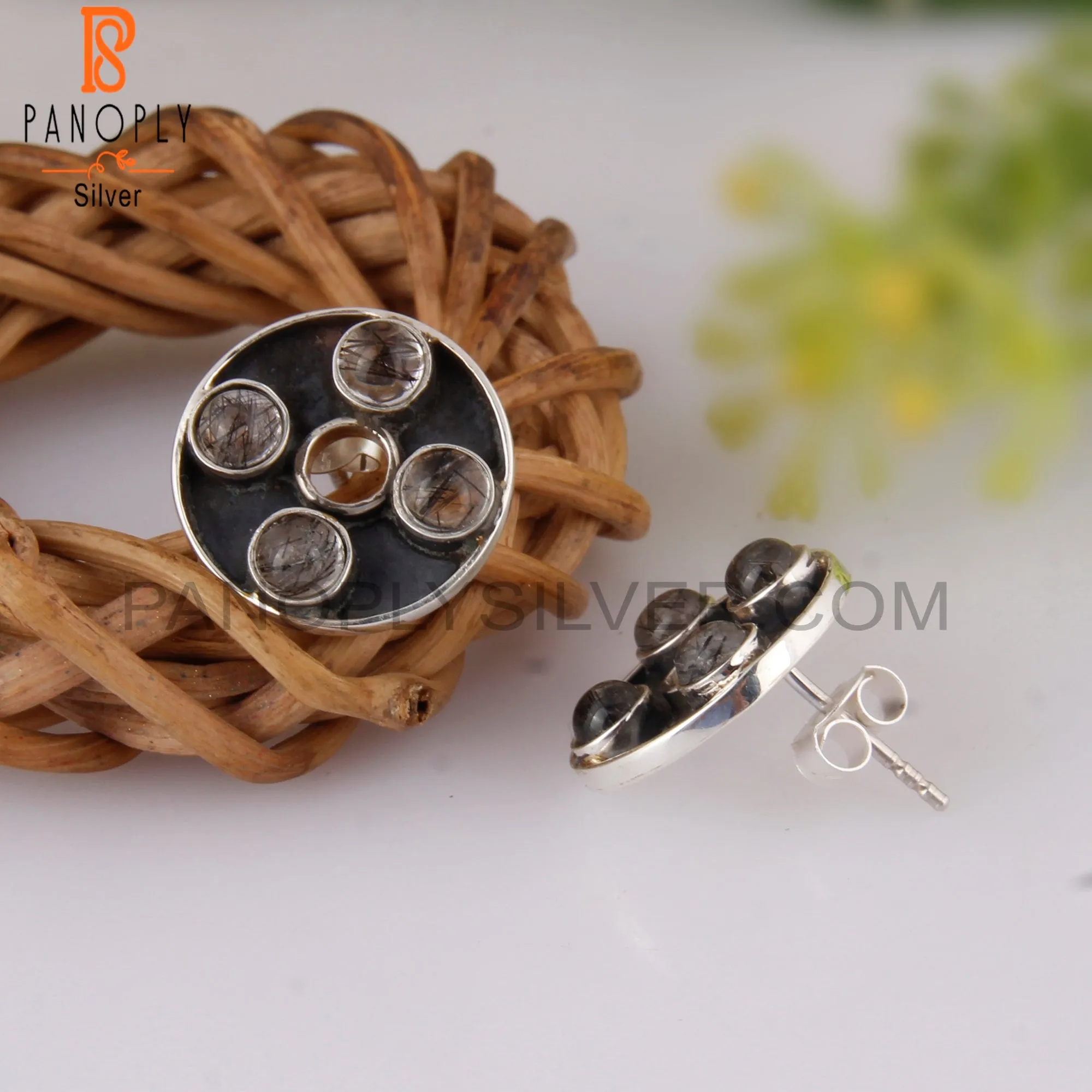 Stylish Designer Black Rutile Round Sterling Silver Earrings