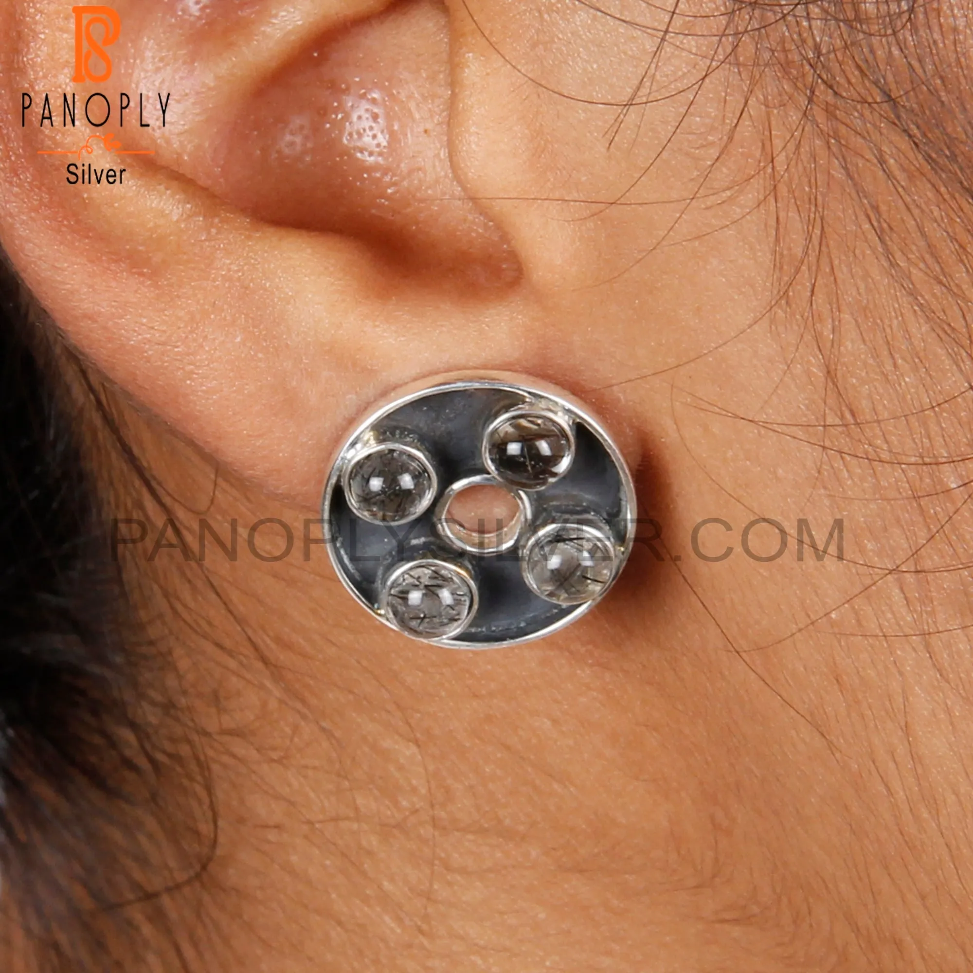 Stylish Designer Black Rutile Round Sterling Silver Earrings