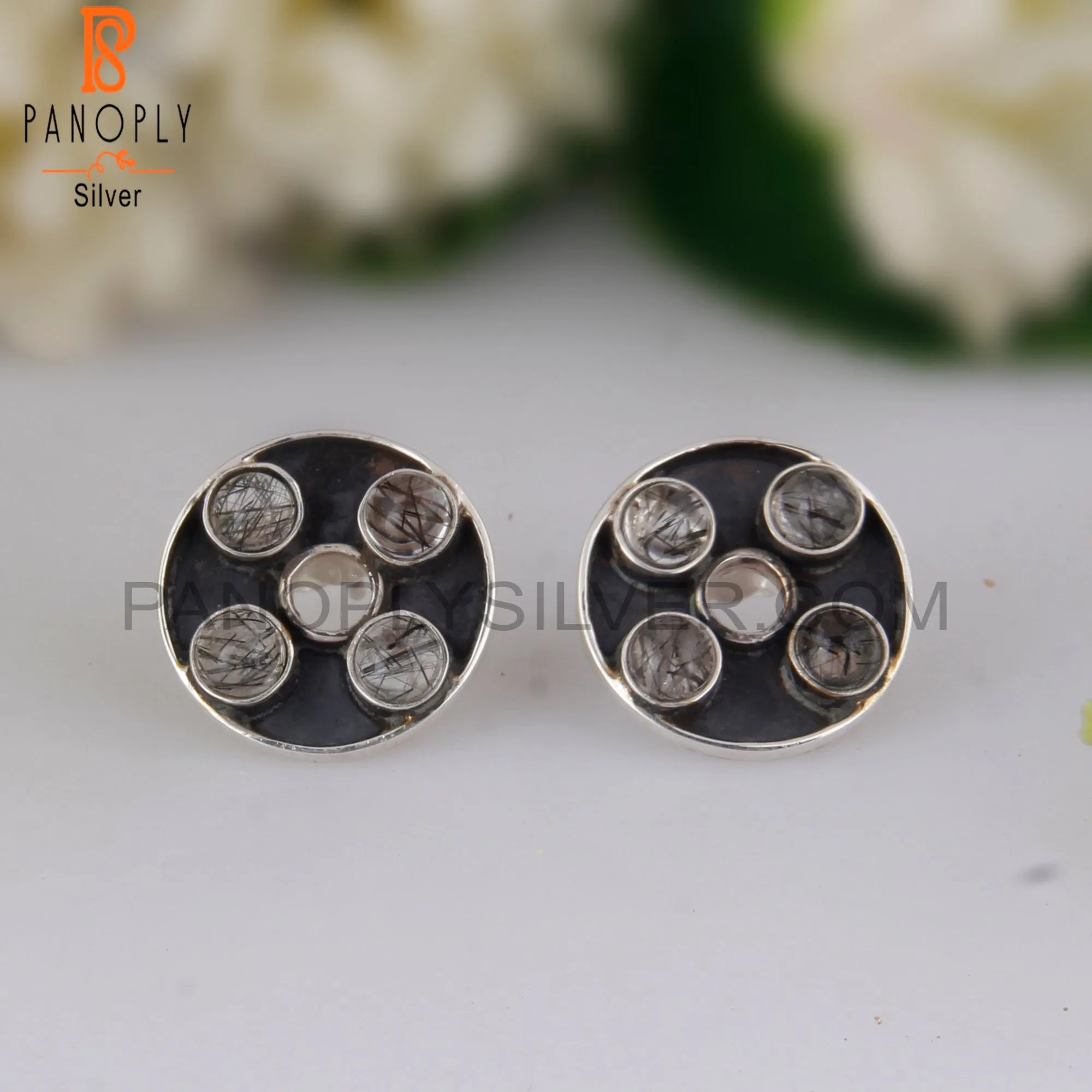 Stylish Designer Black Rutile Round Sterling Silver Earrings