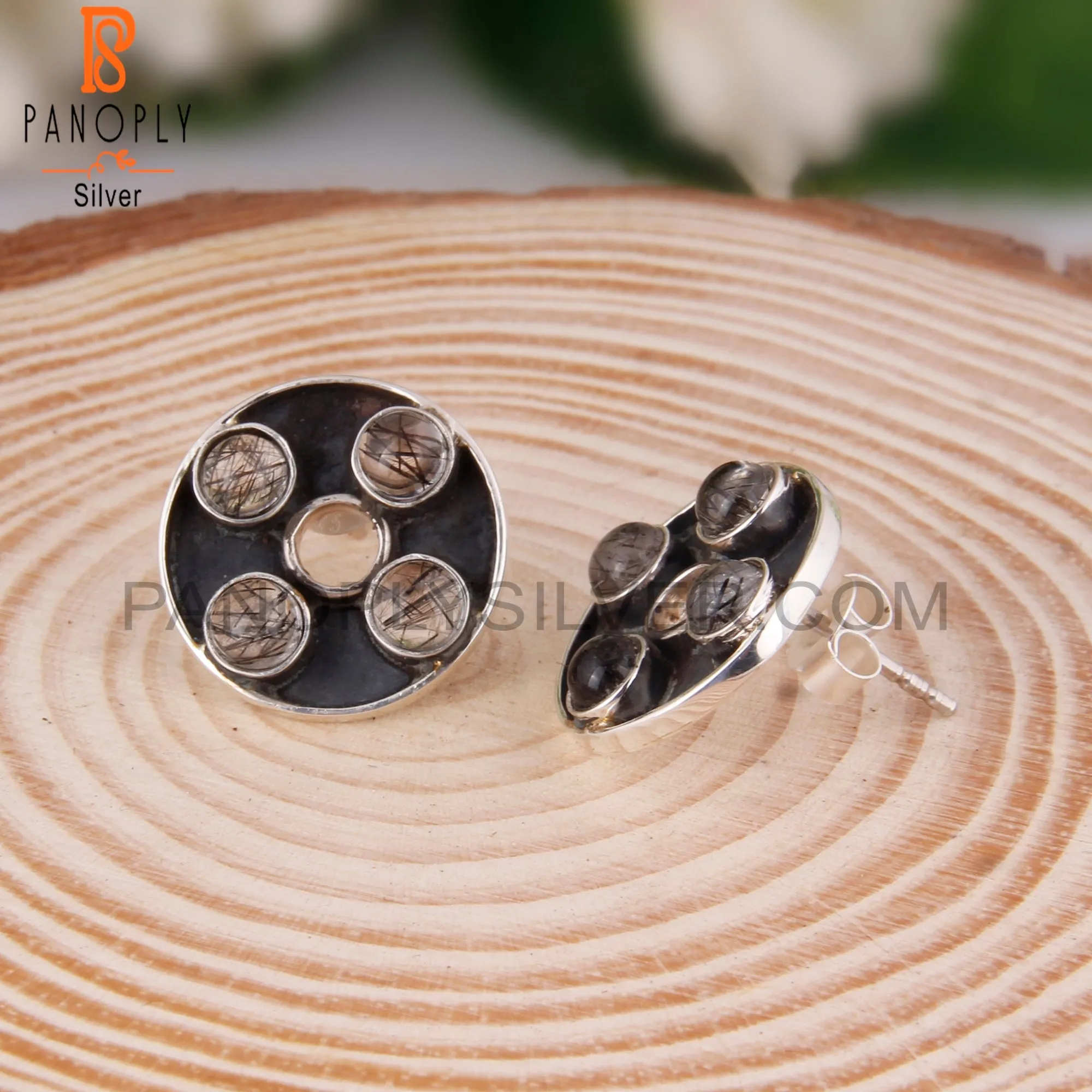 Stylish Designer Black Rutile Round Sterling Silver Earrings