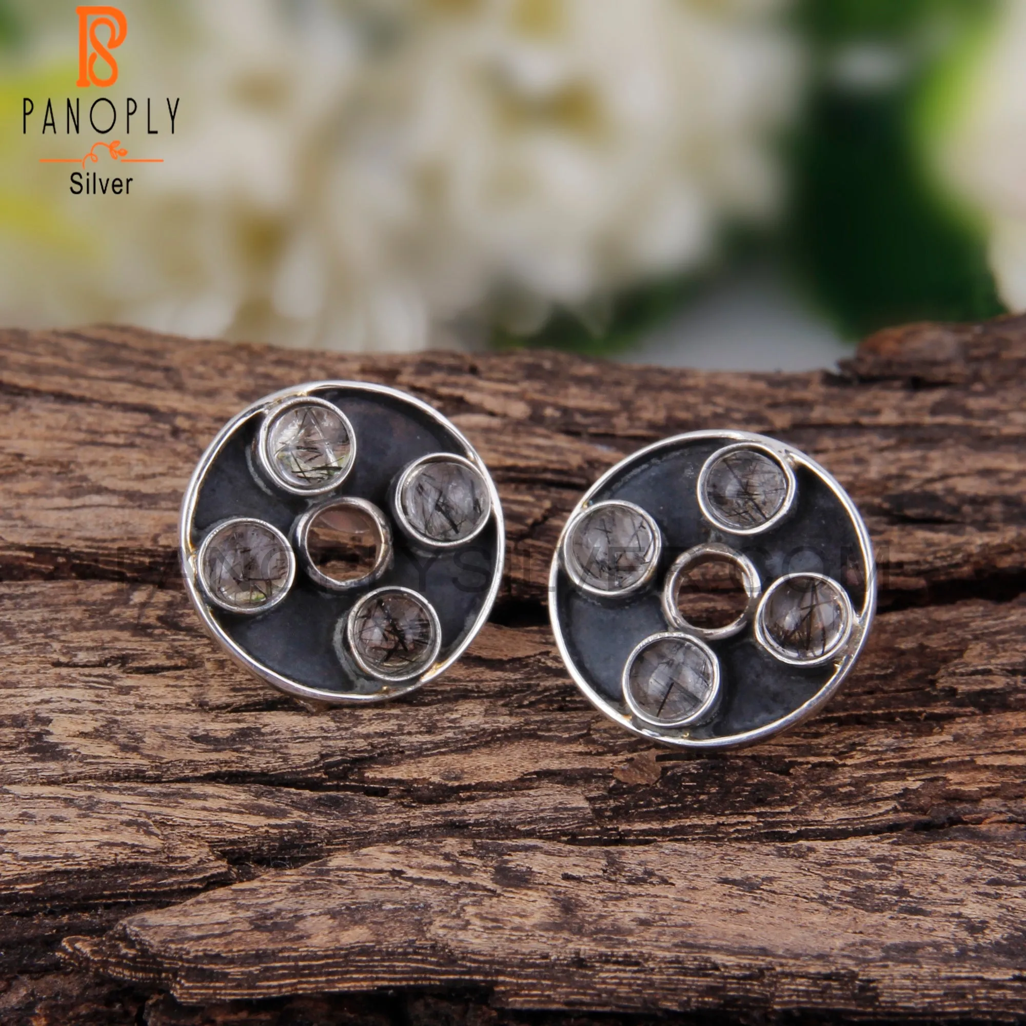 Stylish Designer Black Rutile Round Sterling Silver Earrings