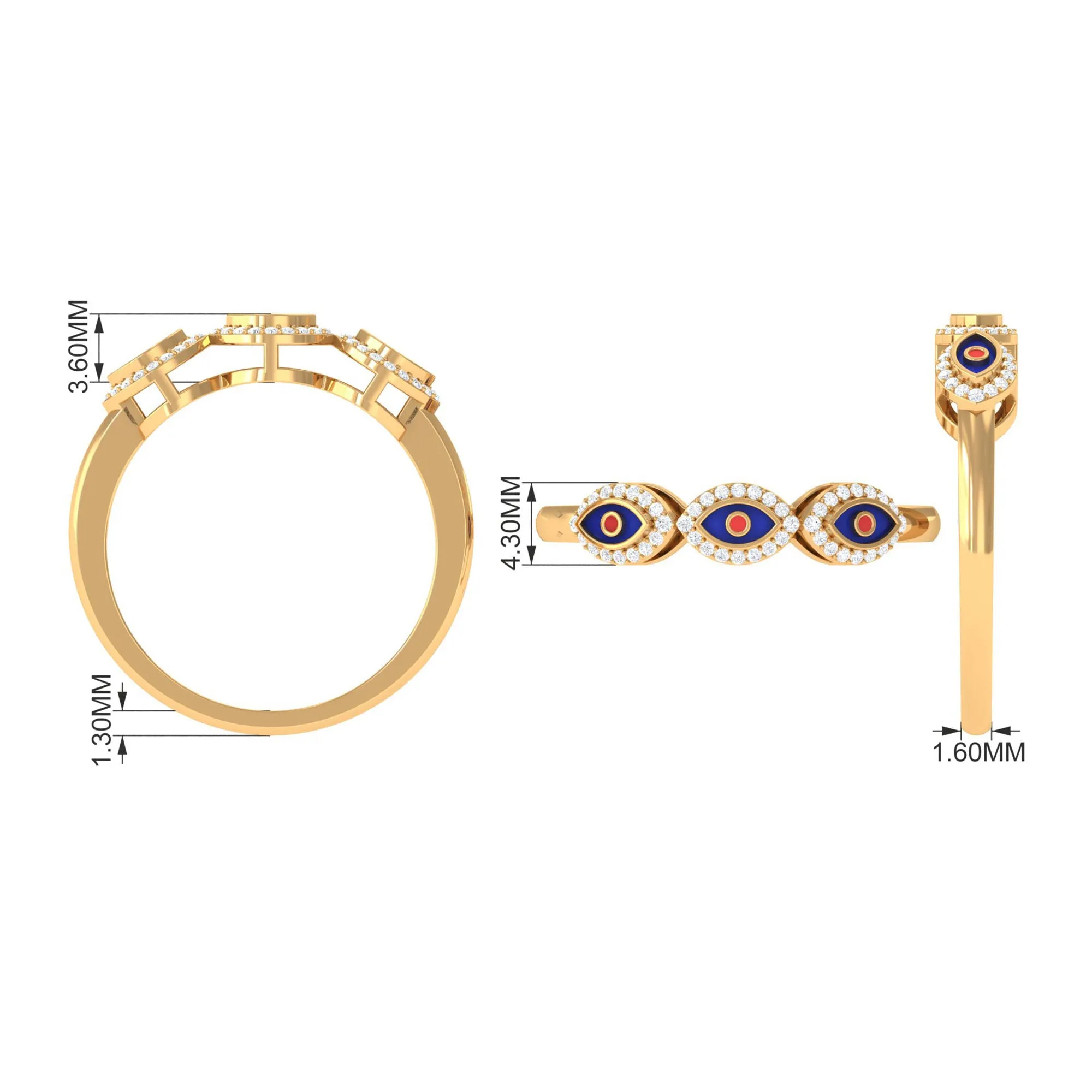 Three Evil Eye Minimal Ring with Moissanite Halo