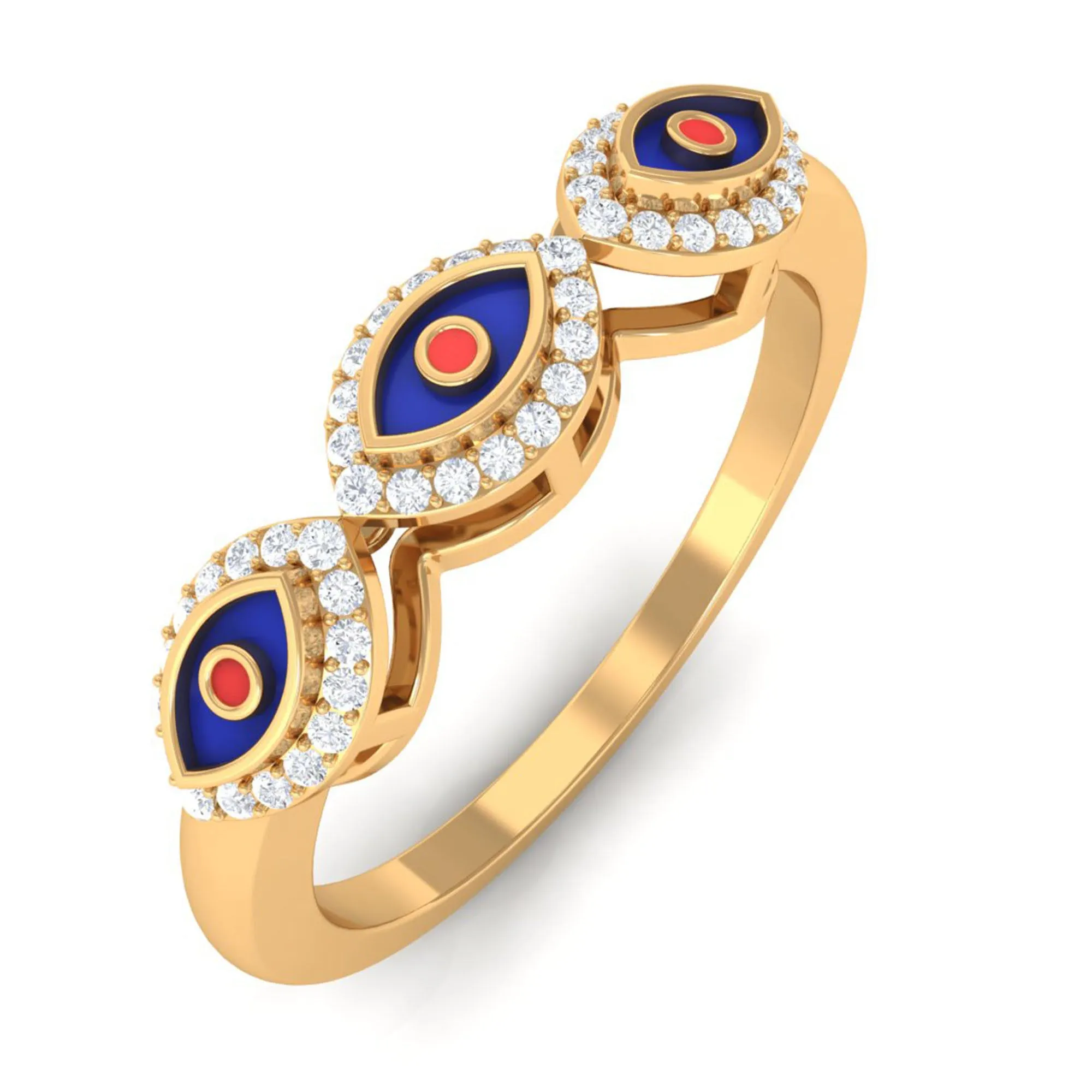 Three Evil Eye Minimal Ring with Moissanite Halo
