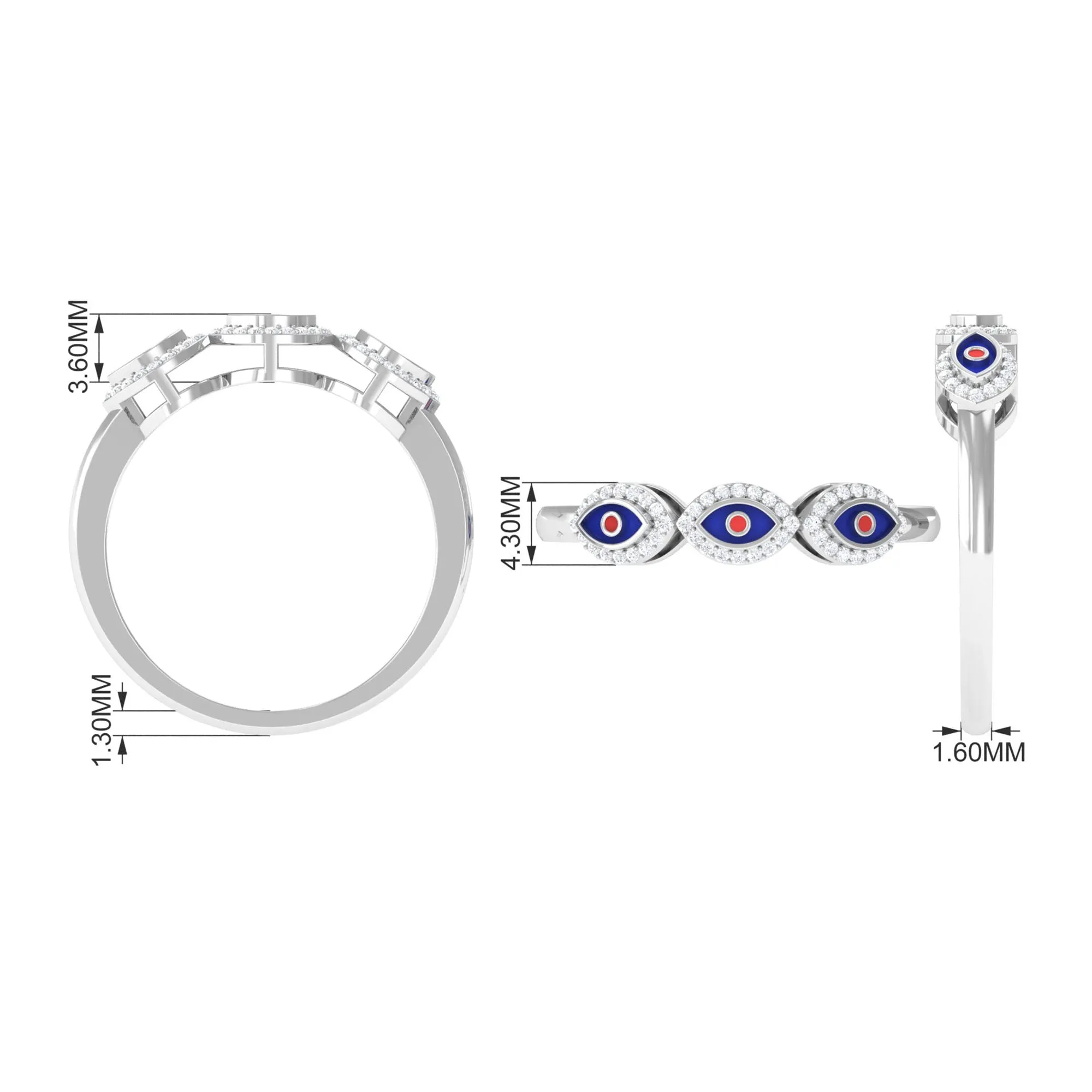 Three Evil Eye Minimal Ring with Moissanite Halo