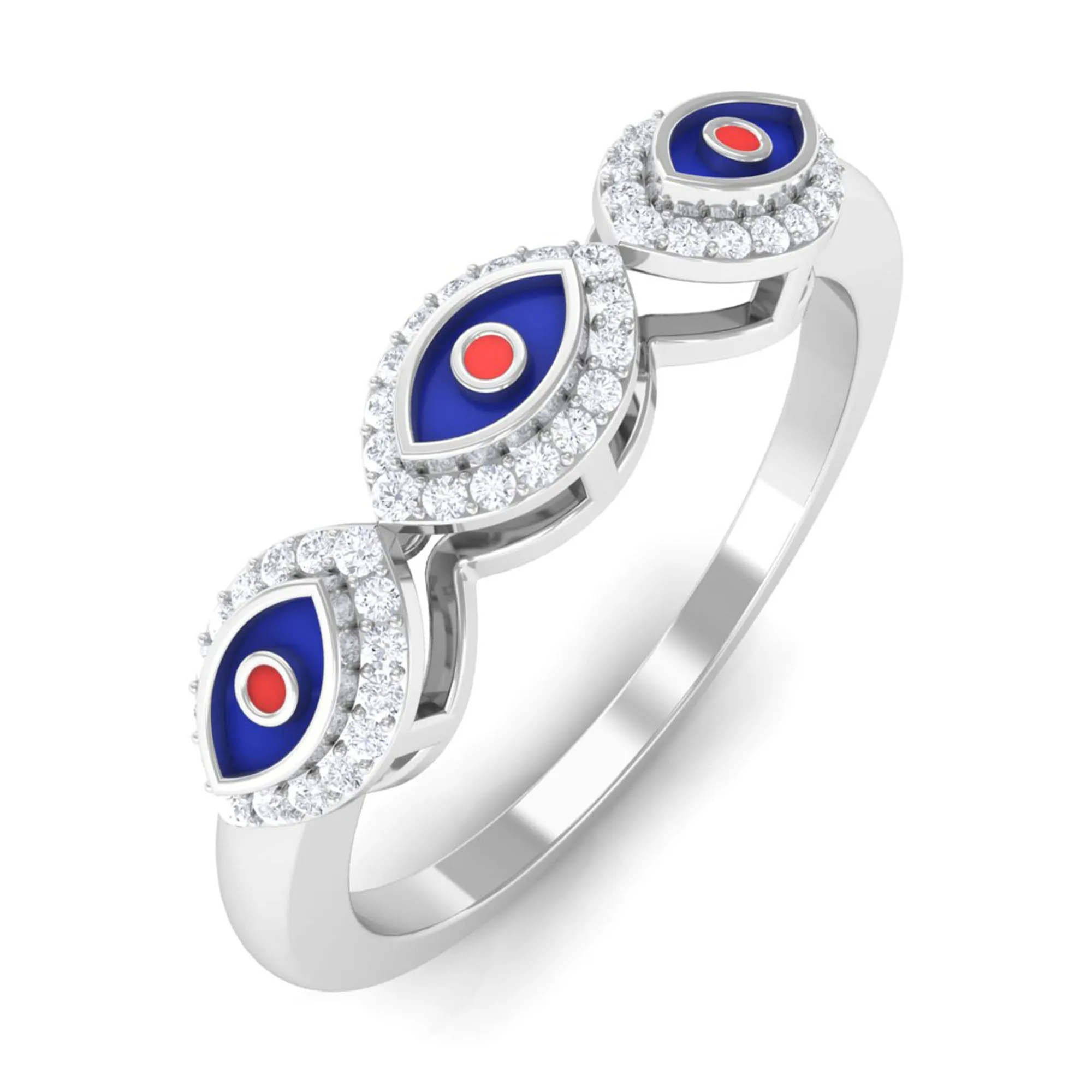 Three Evil Eye Minimal Ring with Moissanite Halo