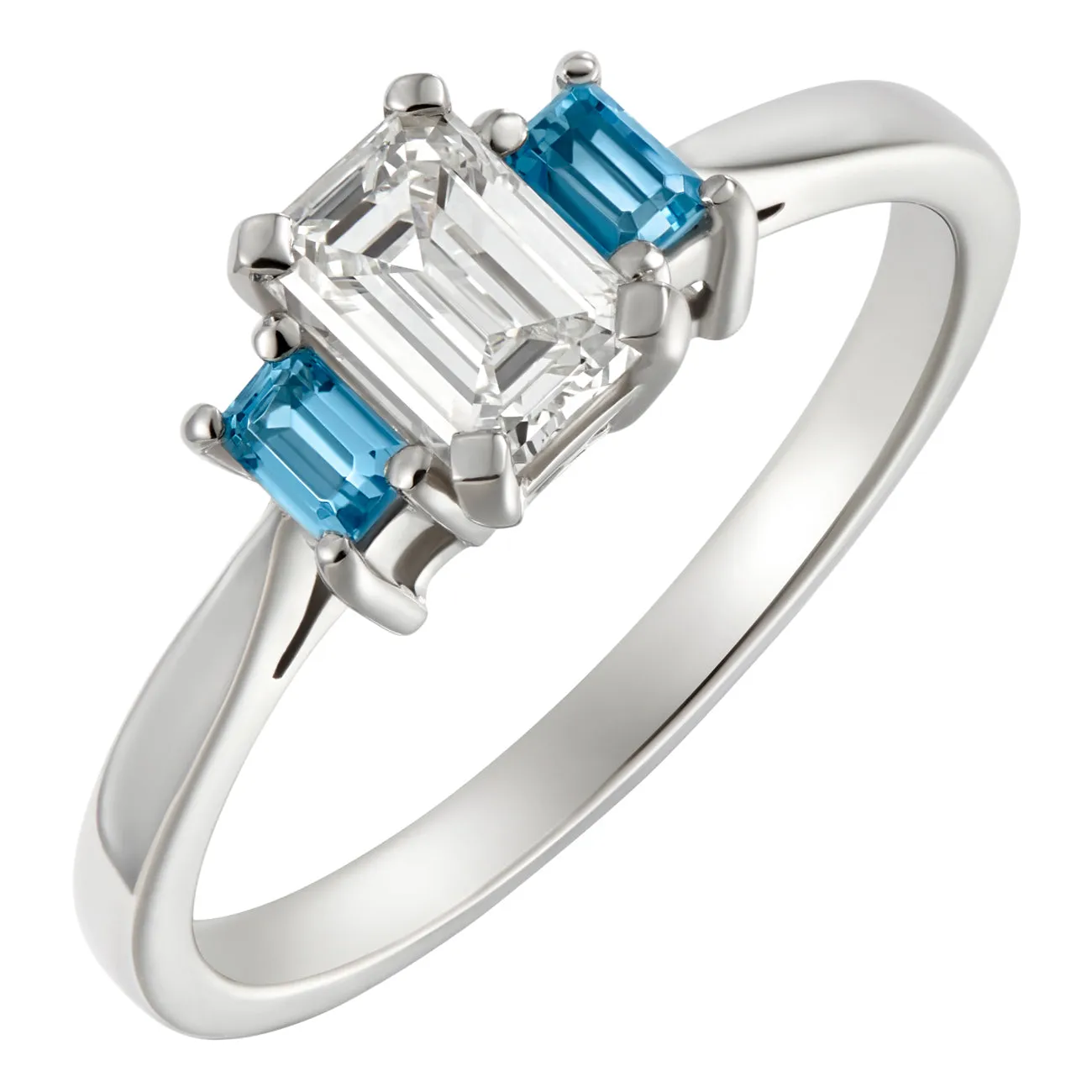 Three Stone Diamond and Aquamarine Engagement Ring in an Art Deco Design