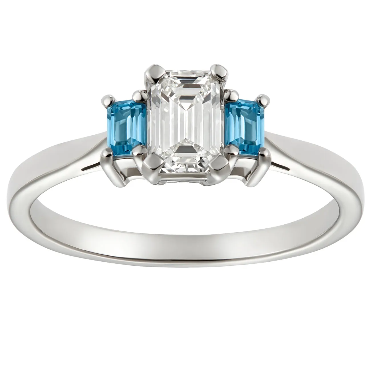 Three Stone Diamond and Aquamarine Engagement Ring in an Art Deco Design