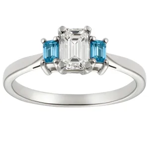 Three Stone Diamond and Aquamarine Engagement Ring in an Art Deco Design