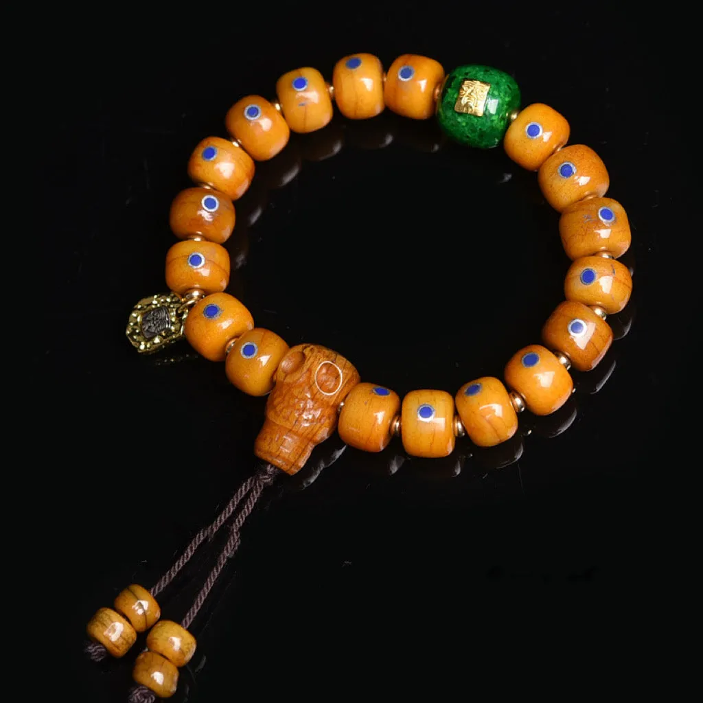 Tibetan Antique Agate Dzi Bracelet with Inlaid Lapis Lazuli