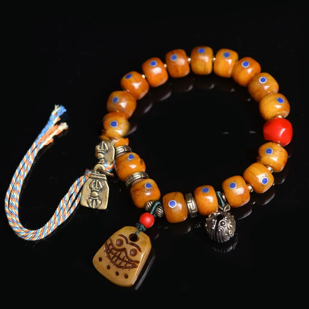 Tibetan Antique Agate Dzi Bracelet with Inlaid Lapis Lazuli