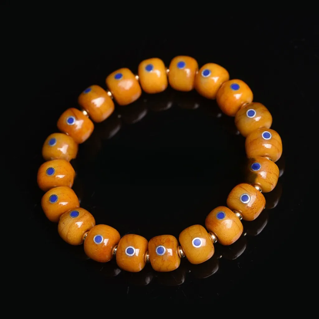 Tibetan Antique Agate Dzi Bracelet with Inlaid Lapis Lazuli
