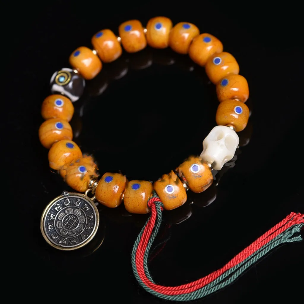 Tibetan Antique Agate Dzi Bracelet with Inlaid Lapis Lazuli