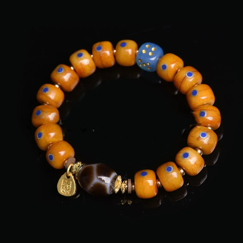 Tibetan Antique Agate Dzi Bracelet with Inlaid Lapis Lazuli