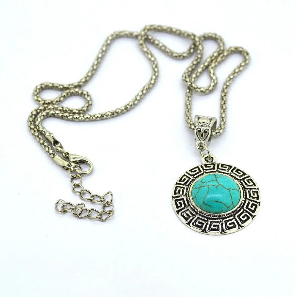 Tibetan Silver Pendant for Women Turquoise Necklaces Round design Simple Style Women's Antique Silver Simulated Metal