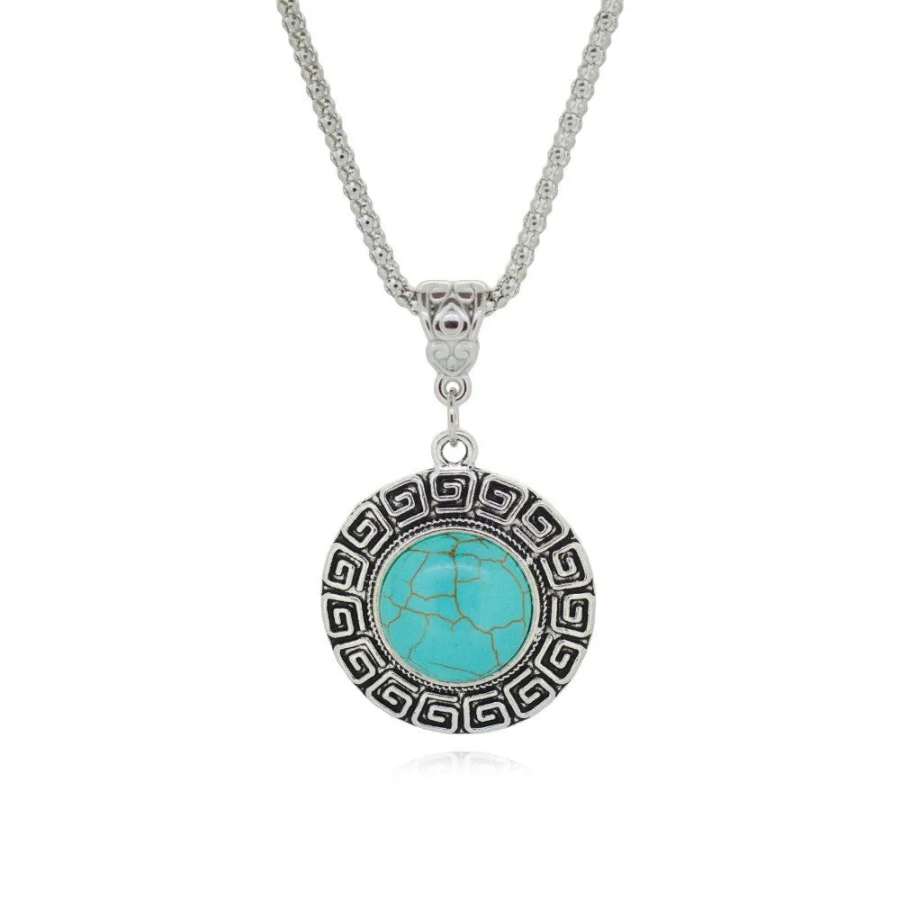 Tibetan Silver Pendant for Women Turquoise Necklaces Round design Simple Style Women's Antique Silver Simulated Metal