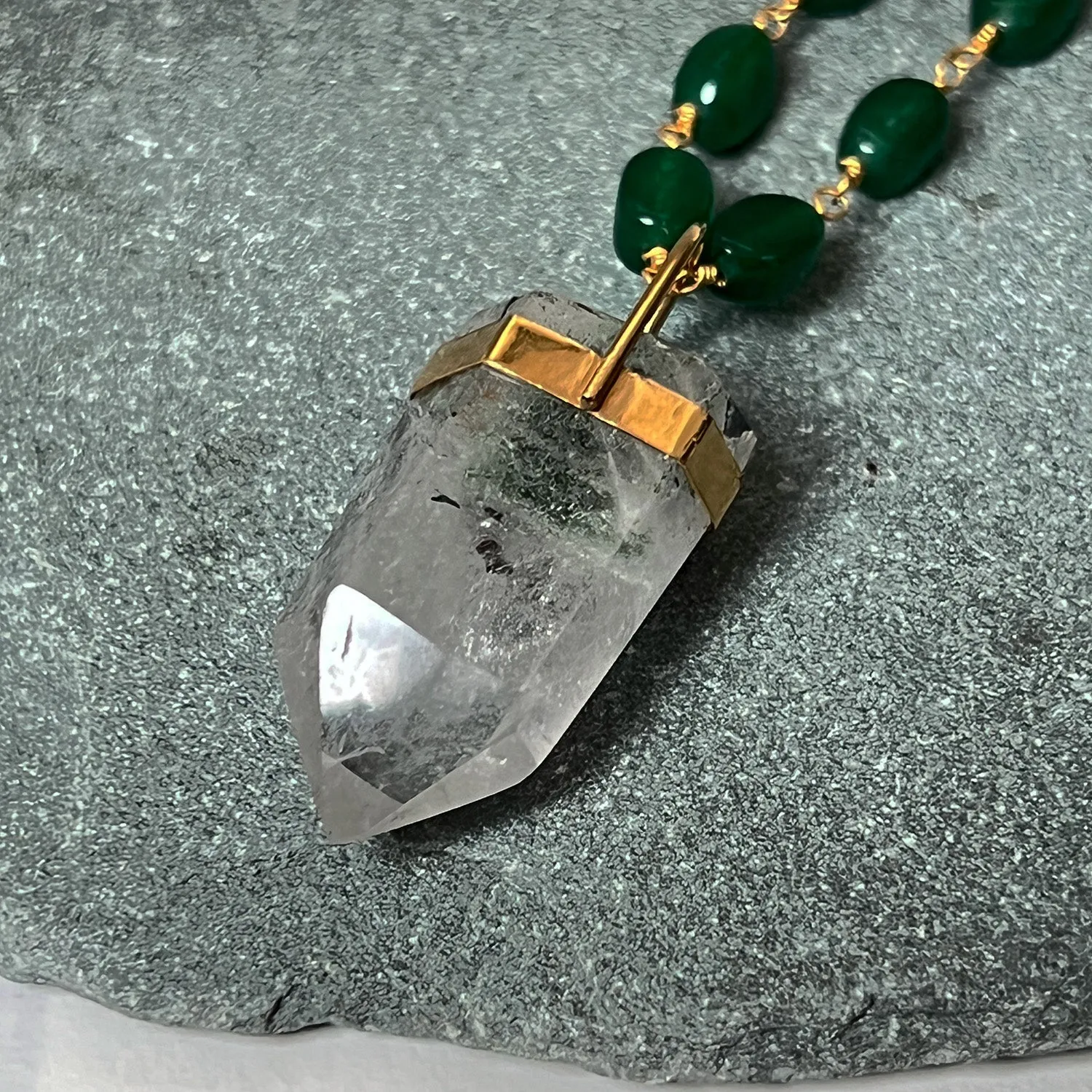 Unique Chlorite Point Pendant On Long Green Onyx Pebble Rosary
