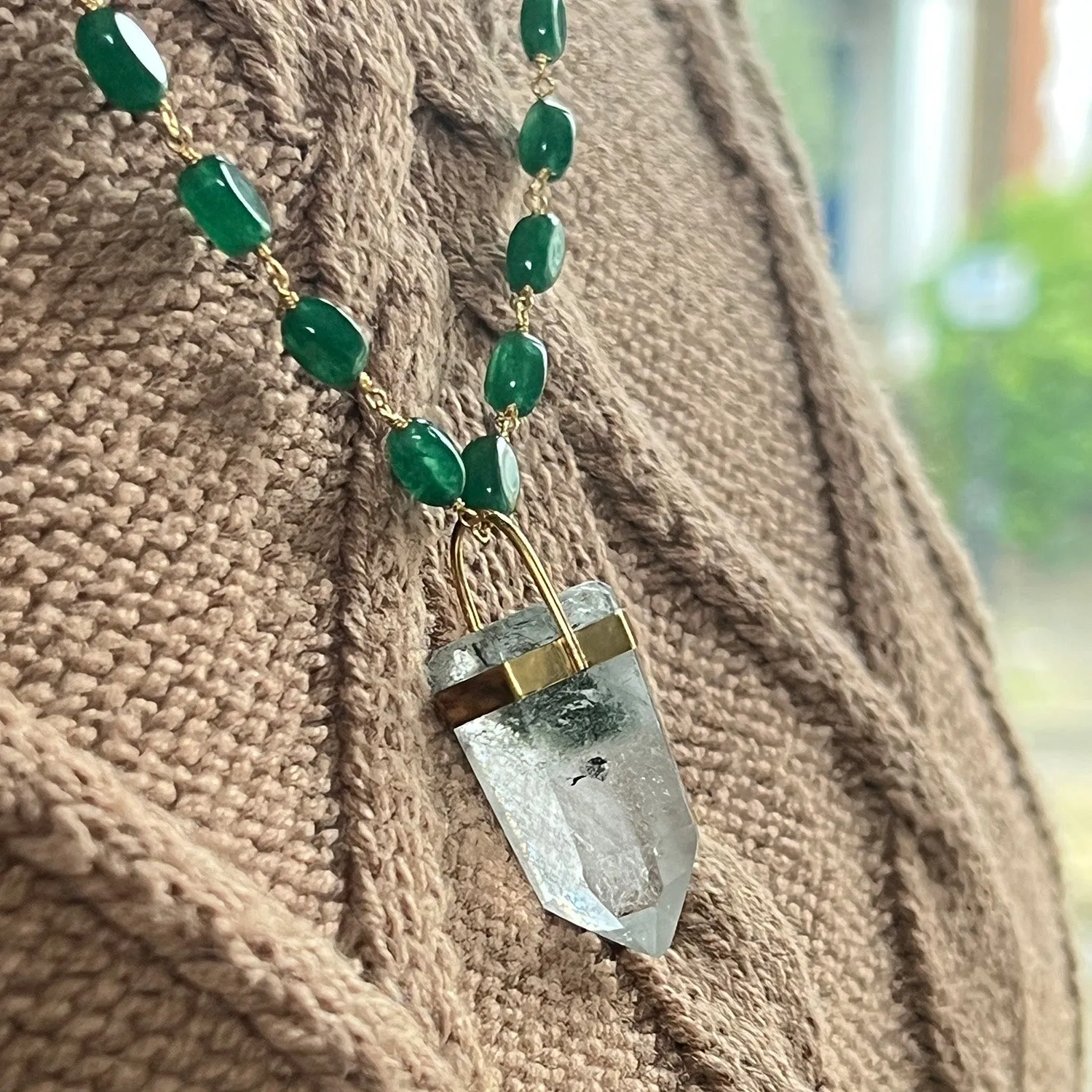 Unique Chlorite Point Pendant On Long Green Onyx Pebble Rosary