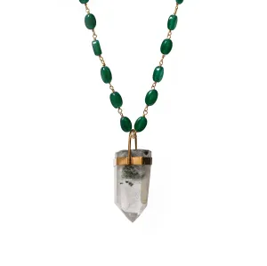 Unique Chlorite Point Pendant On Long Green Onyx Pebble Rosary