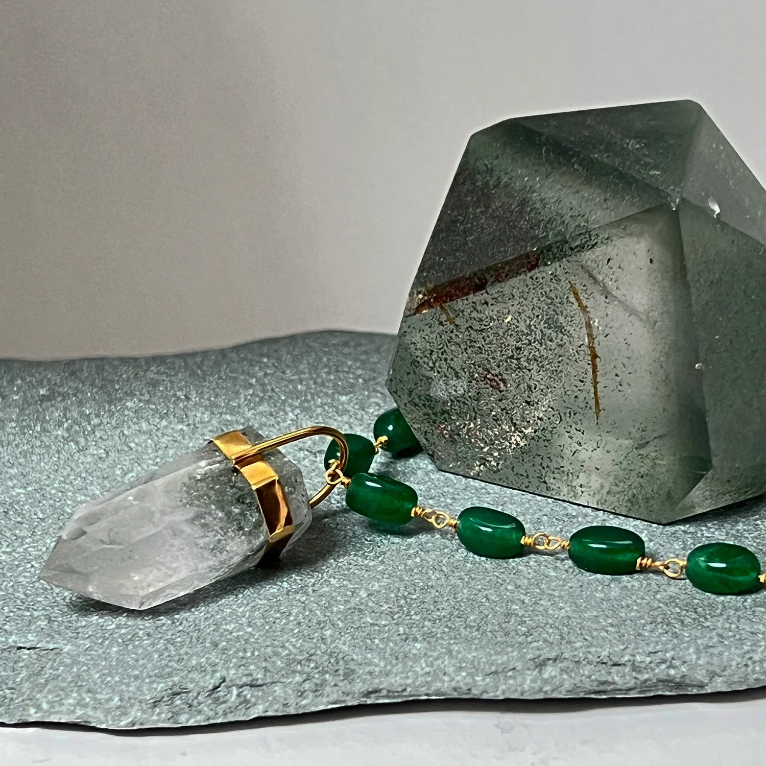 Unique Chlorite Point Pendant On Long Green Onyx Pebble Rosary