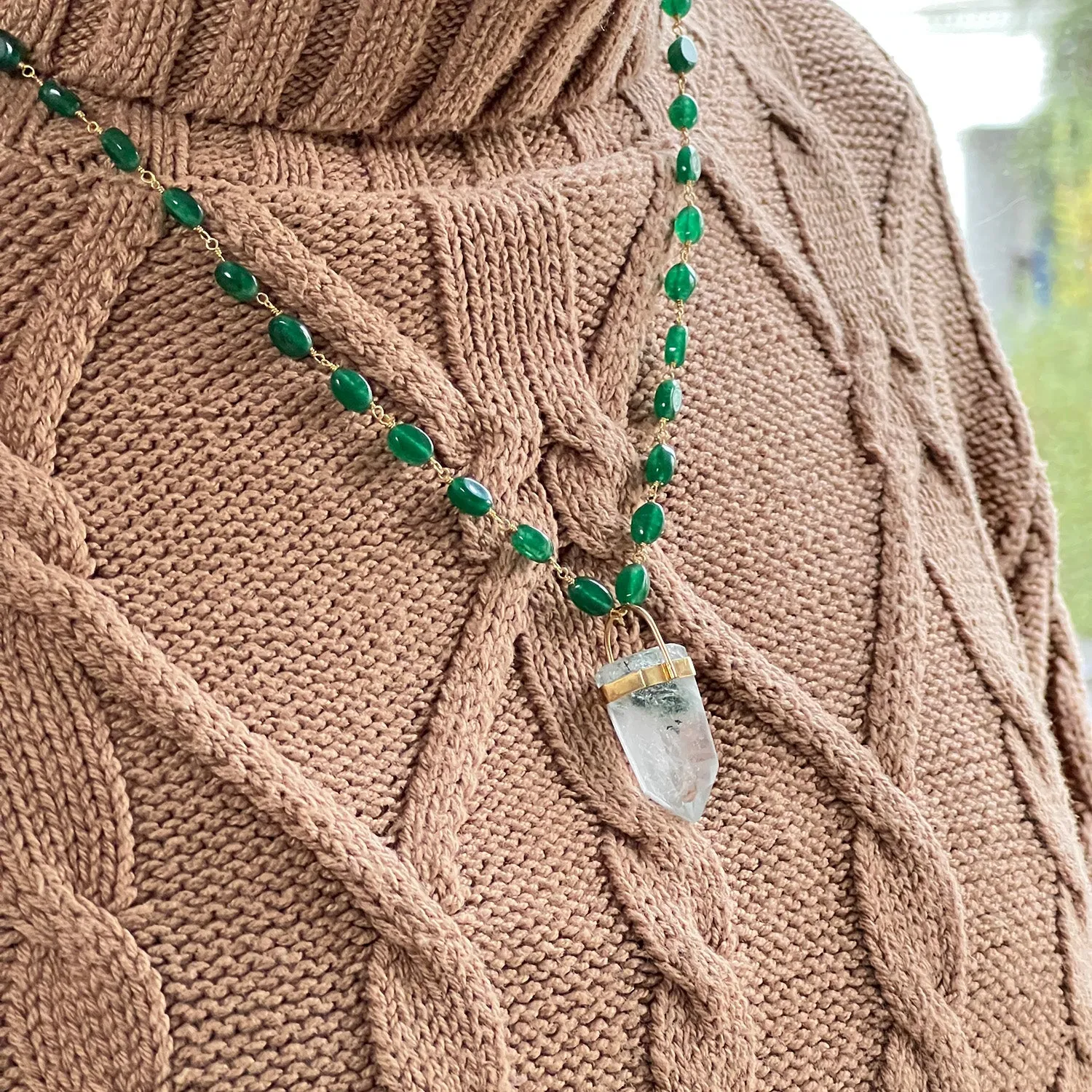 Unique Chlorite Point Pendant On Long Green Onyx Pebble Rosary