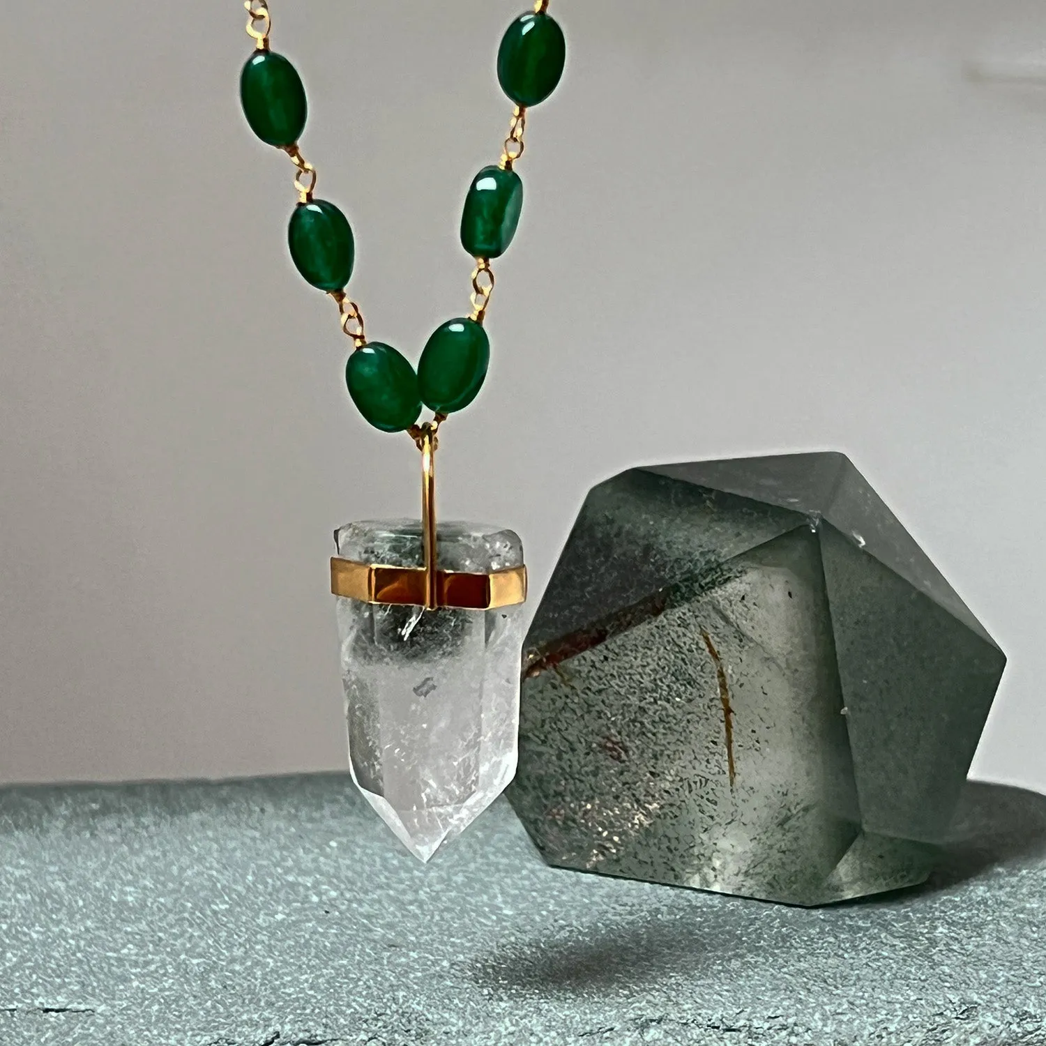 Unique Chlorite Point Pendant On Long Green Onyx Pebble Rosary