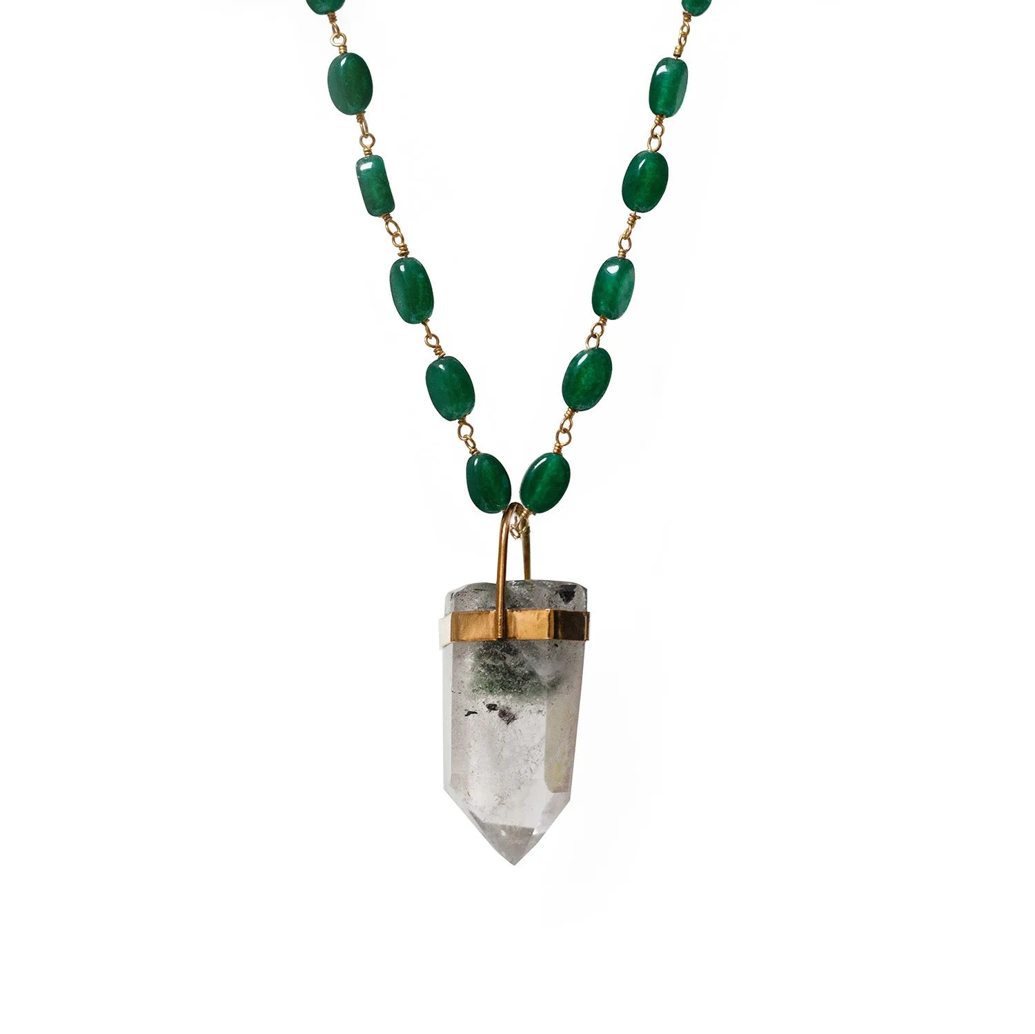 Unique Chlorite Point Pendant On Long Green Onyx Pebble Rosary
