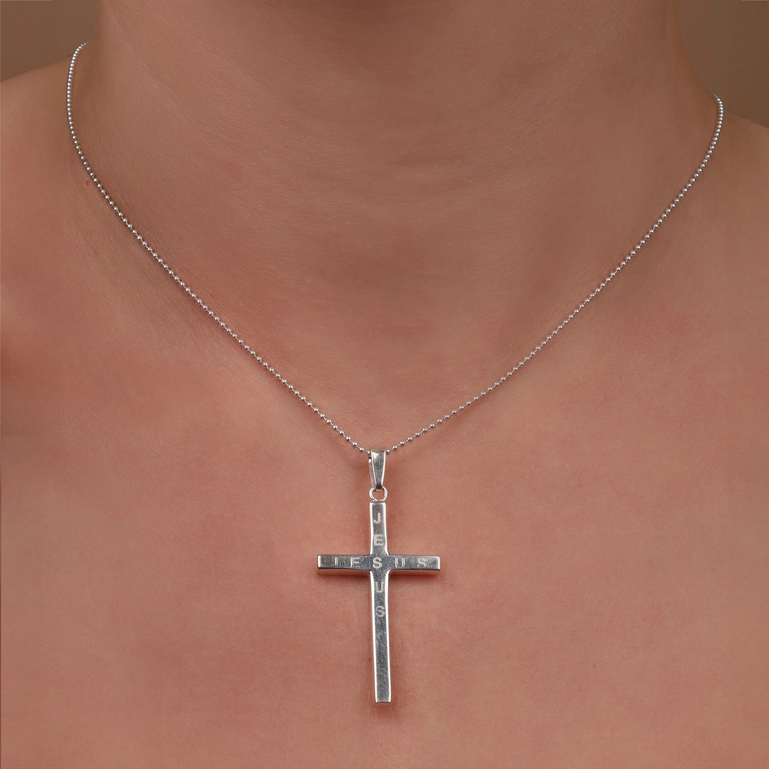 Unisex Sterling Silver Jesus Cross Pendant Necklace - Simple Religious Design