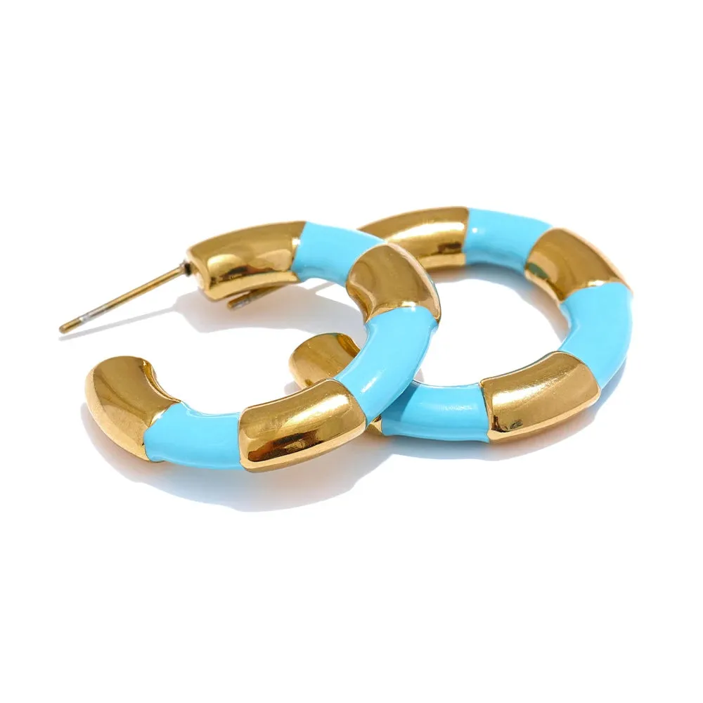 VAIGE Multi Color Enamel Geometric C-Shape Stainless Steel Hoop Earrings – Stylish and Rust Proof Fashion Jewelry