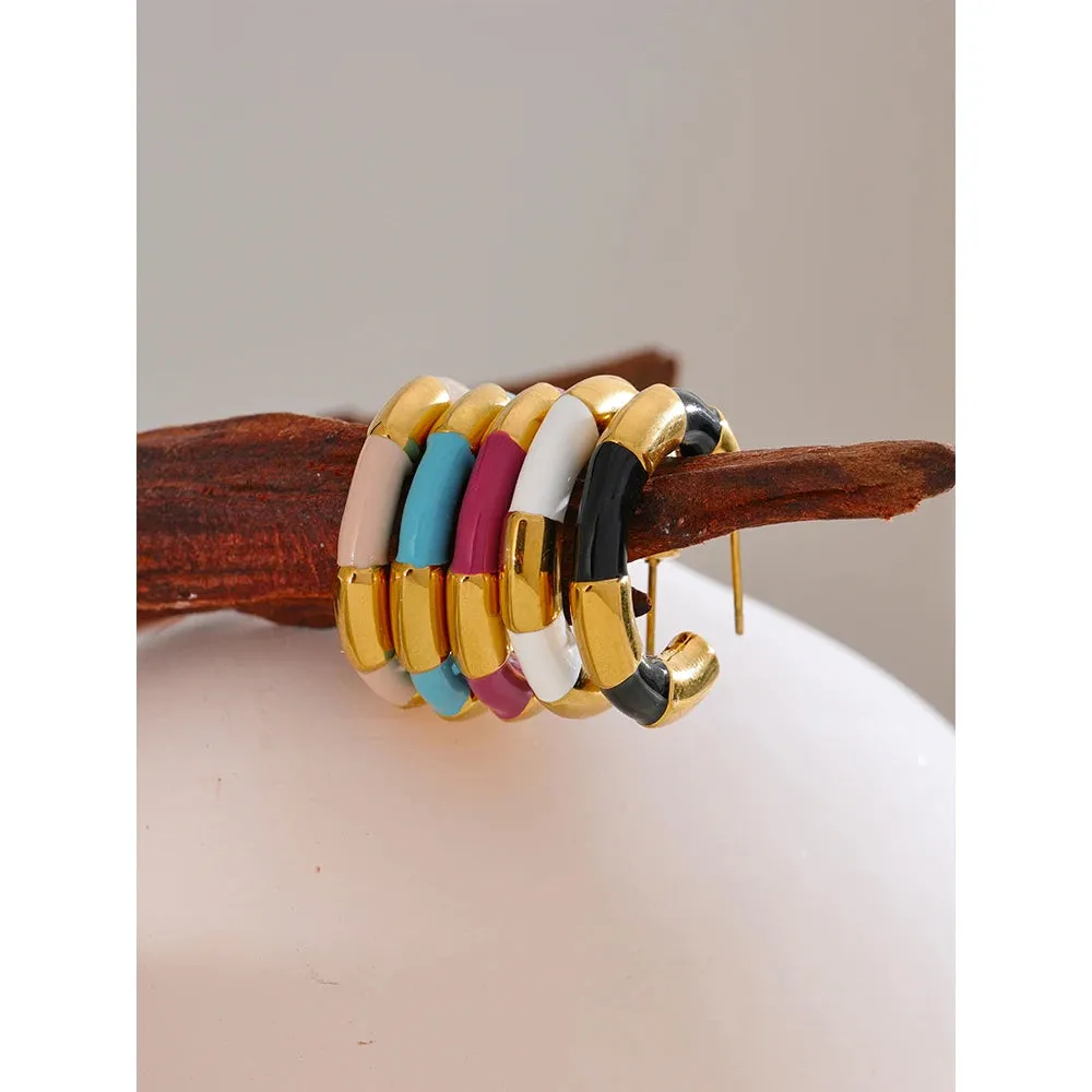 VAIGE Multi Color Enamel Geometric C-Shape Stainless Steel Hoop Earrings – Stylish and Rust Proof Fashion Jewelry