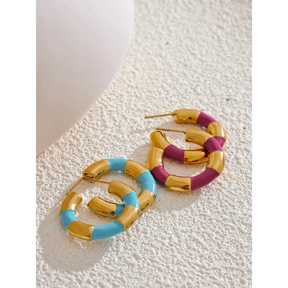 VAIGE Multi Color Enamel Geometric C-Shape Stainless Steel Hoop Earrings – Stylish and Rust Proof Fashion Jewelry