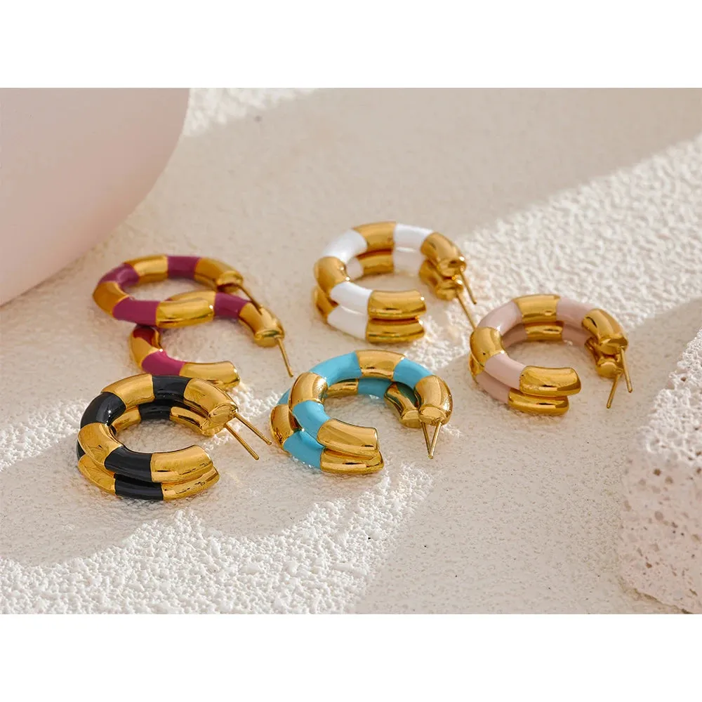 VAIGE Multi Color Enamel Geometric C-Shape Stainless Steel Hoop Earrings – Stylish and Rust Proof Fashion Jewelry