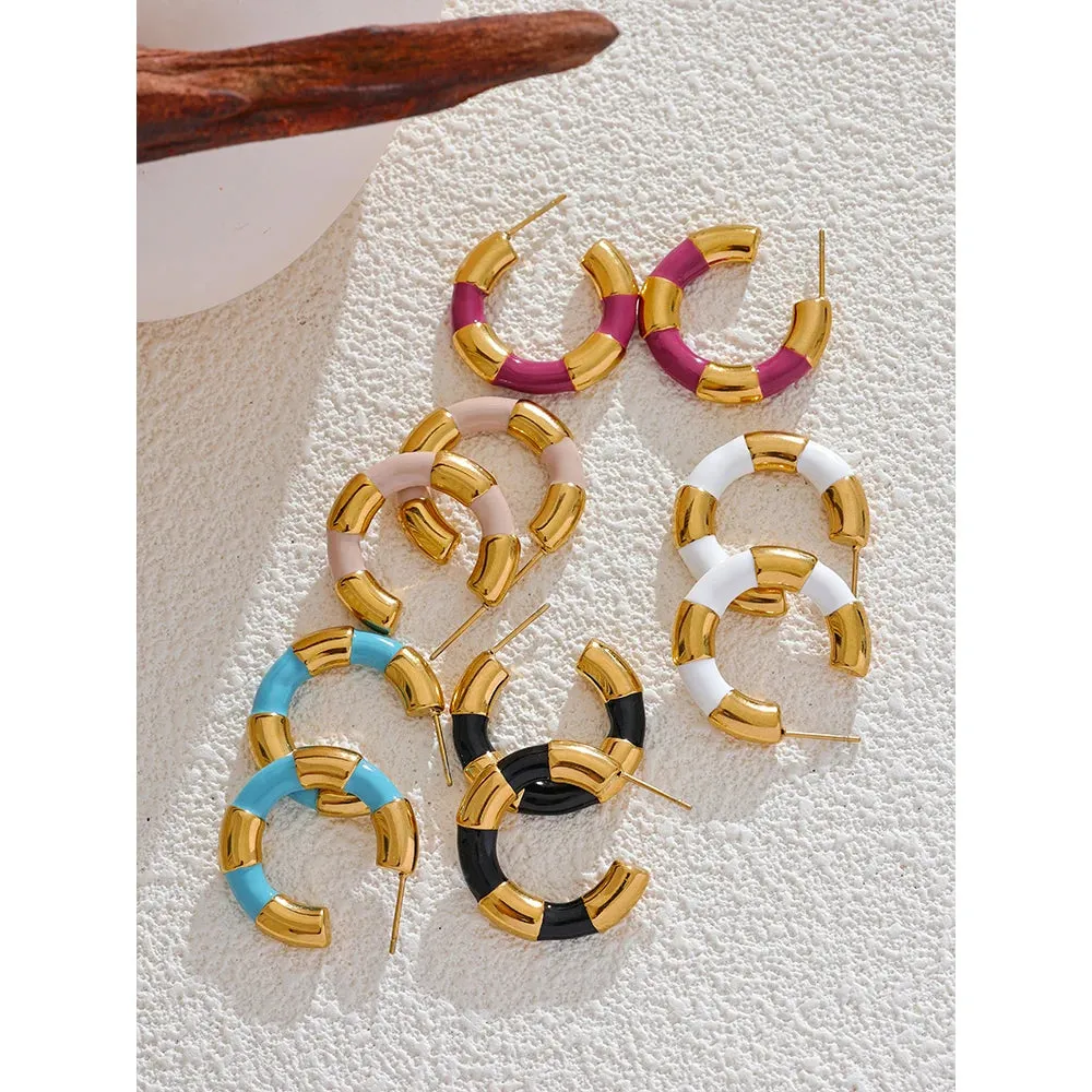 VAIGE Multi Color Enamel Geometric C-Shape Stainless Steel Hoop Earrings – Stylish and Rust Proof Fashion Jewelry