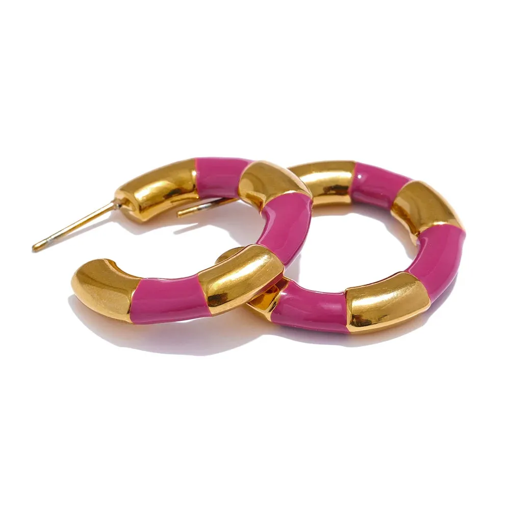 VAIGE Multi Color Enamel Geometric C-Shape Stainless Steel Hoop Earrings – Stylish and Rust Proof Fashion Jewelry