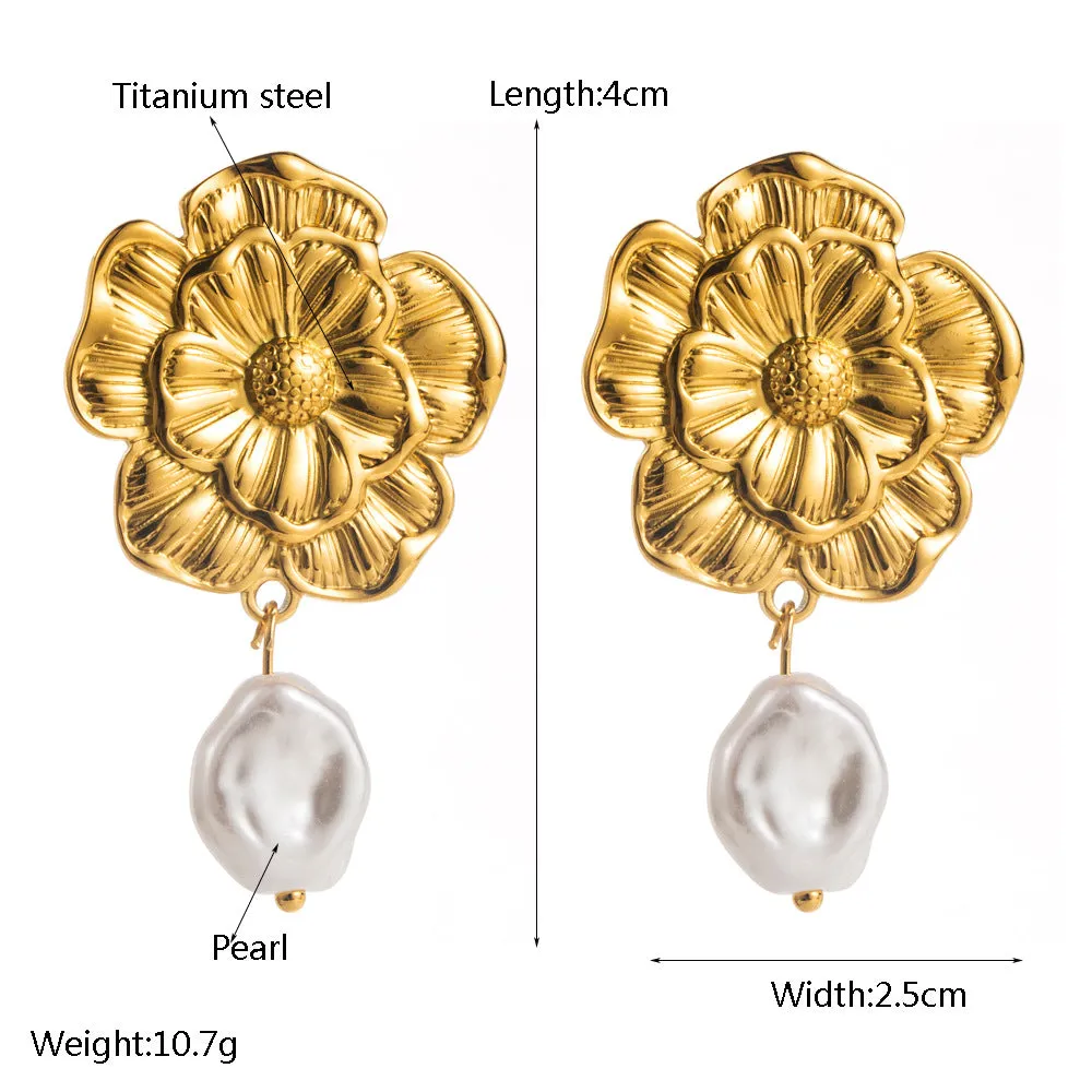 Wholesale Stylish Simple Personality Pleated Texture Flower Titanium Steel Geometric Inlay Pearl Design Sense Earrings