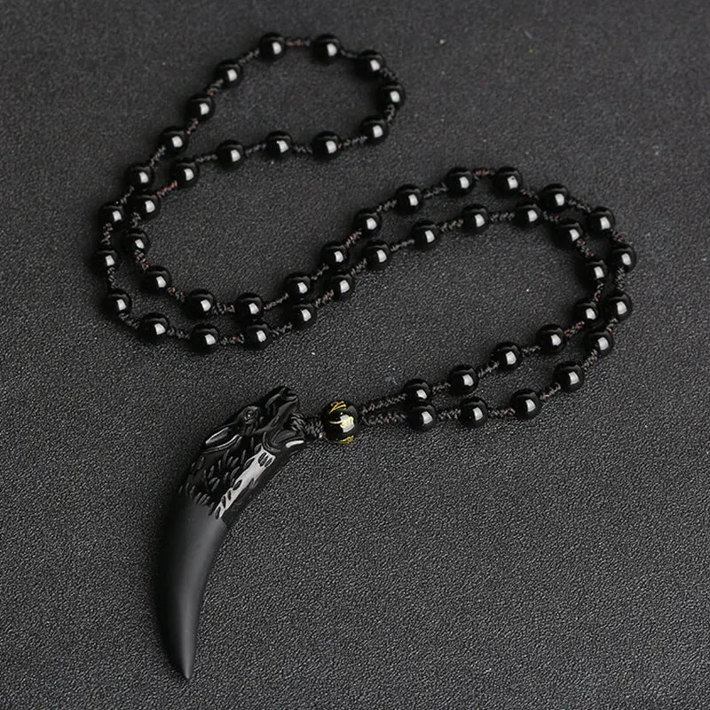 Wolf Tooth Obsidian Amulet Pendant Necklace
