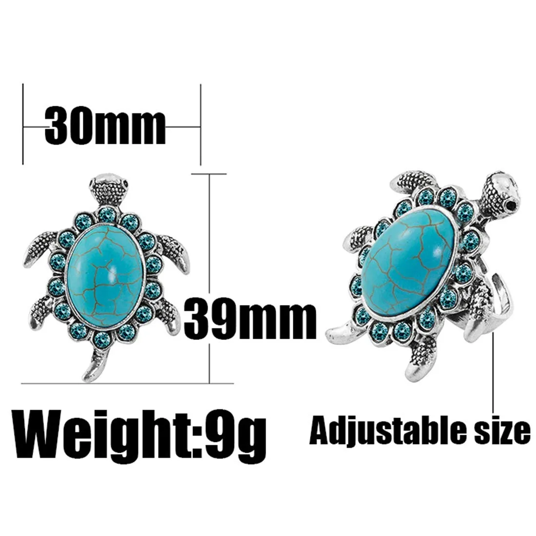 Yellow Chimes Good Luck Tortoise Design Turquoise Rhinestone Big Turtle Silver Plated Adjustable Rings for Women and Girl's