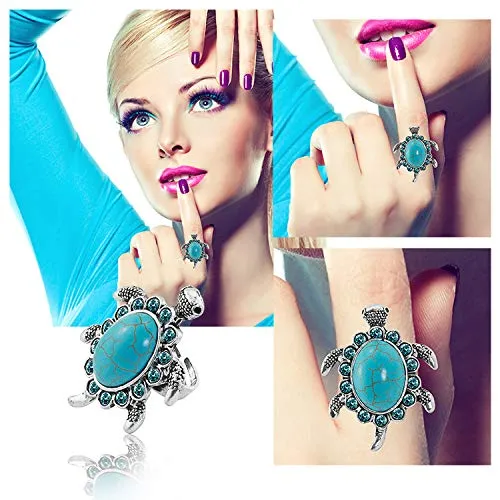 Yellow Chimes Good Luck Tortoise Design Turquoise Rhinestone Big Turtle Silver Plated Adjustable Rings for Women and Girl's