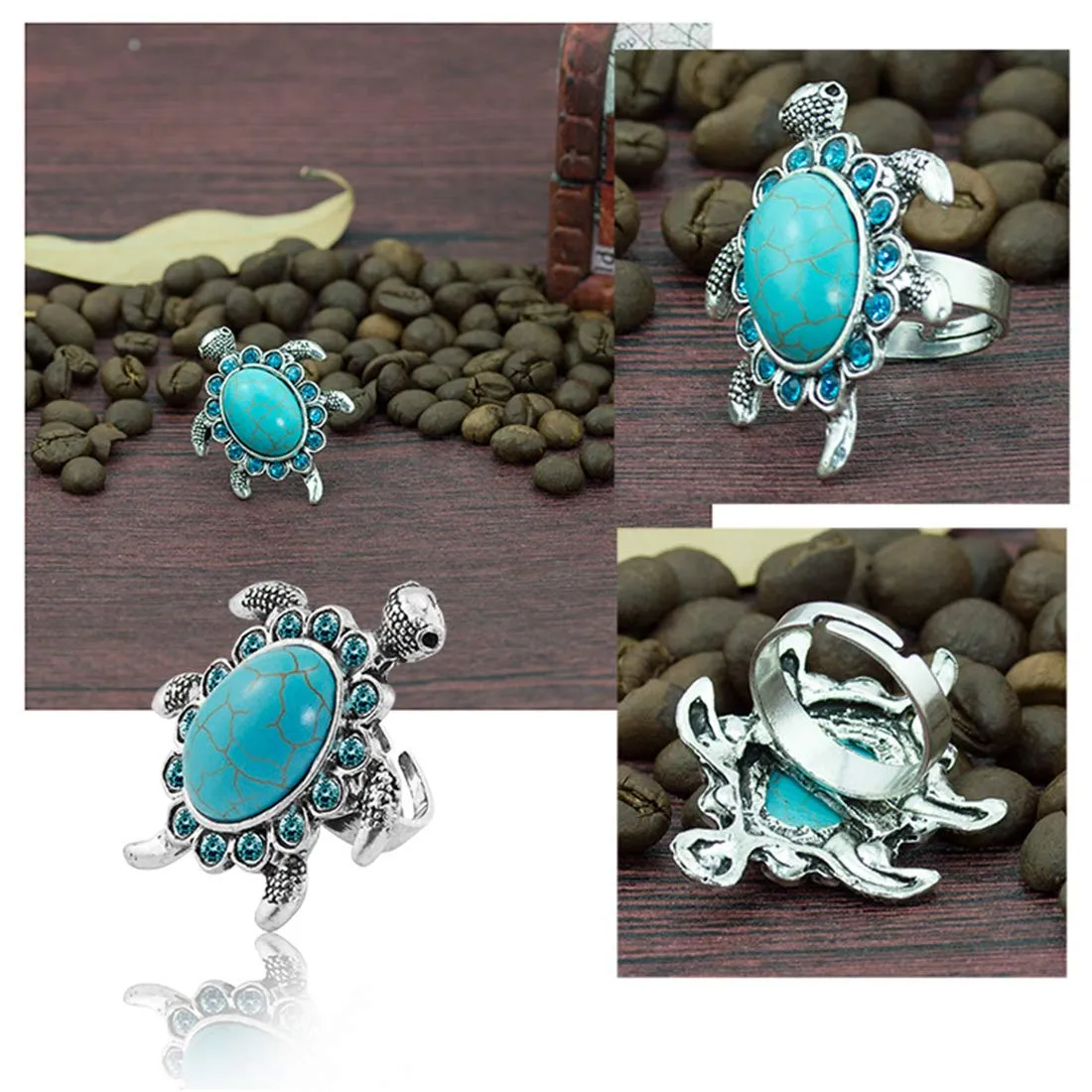 Yellow Chimes Good Luck Tortoise Design Turquoise Rhinestone Big Turtle Silver Plated Adjustable Rings for Women and Girl's