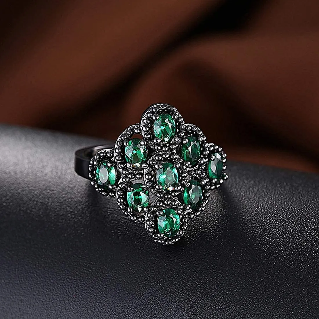Yellow Chimes Rings for Women Green Crystal Ring Black Gun Plated Ring for Women and Girls
